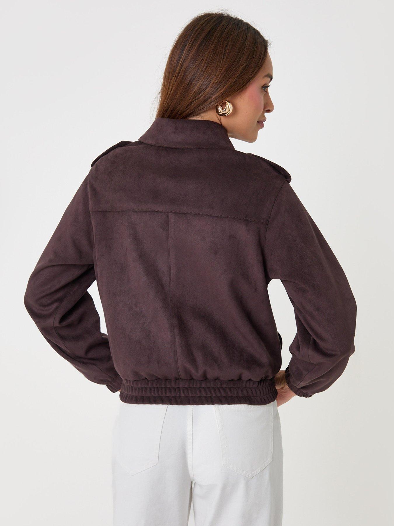 Image 2 of 4 of Threadbare Faux Suede Collared Bomber Jacket In Chocolate Brown