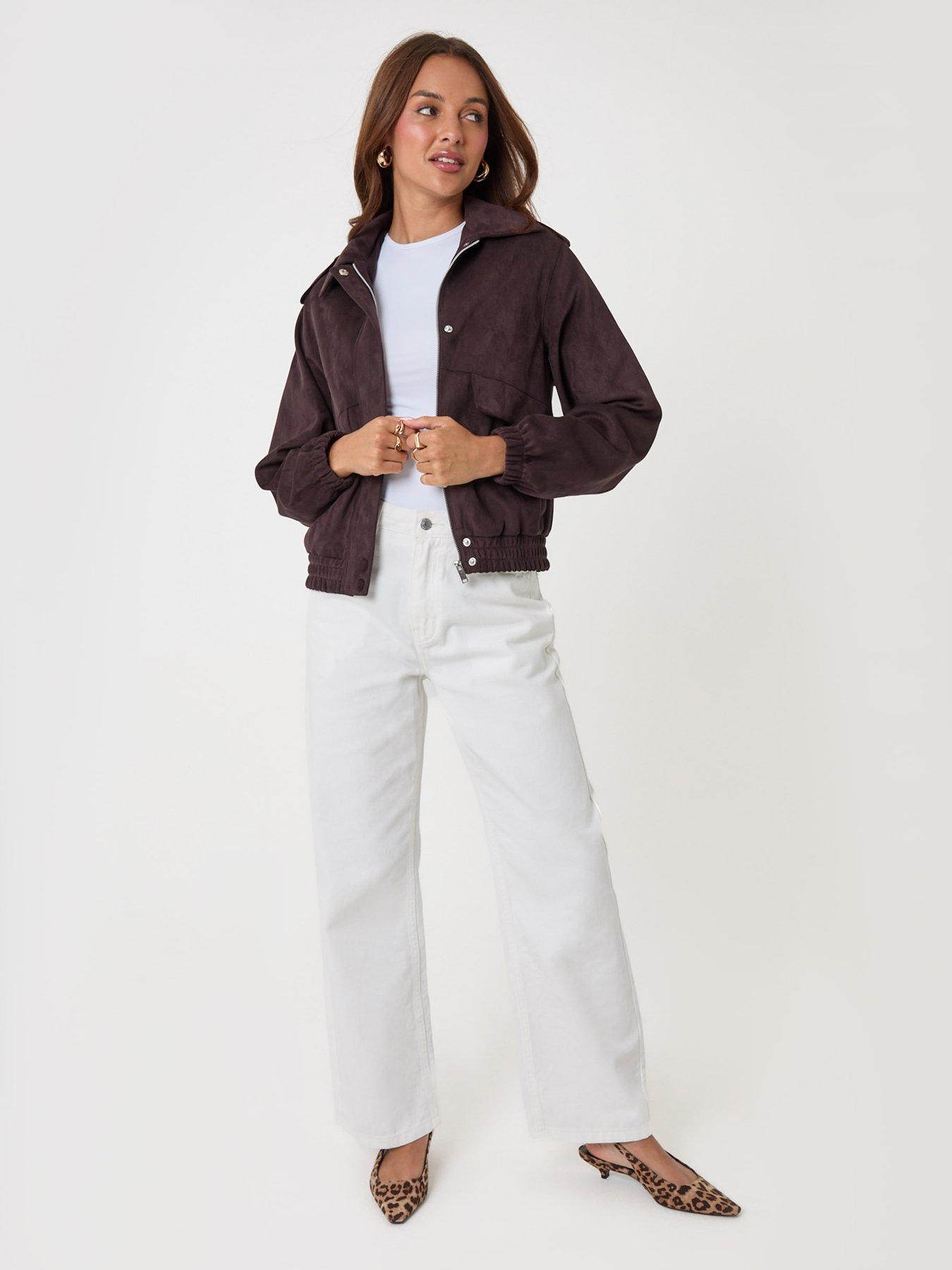 Image 3 of 4 of Threadbare Faux Suede Collared Bomber Jacket In Chocolate Brown