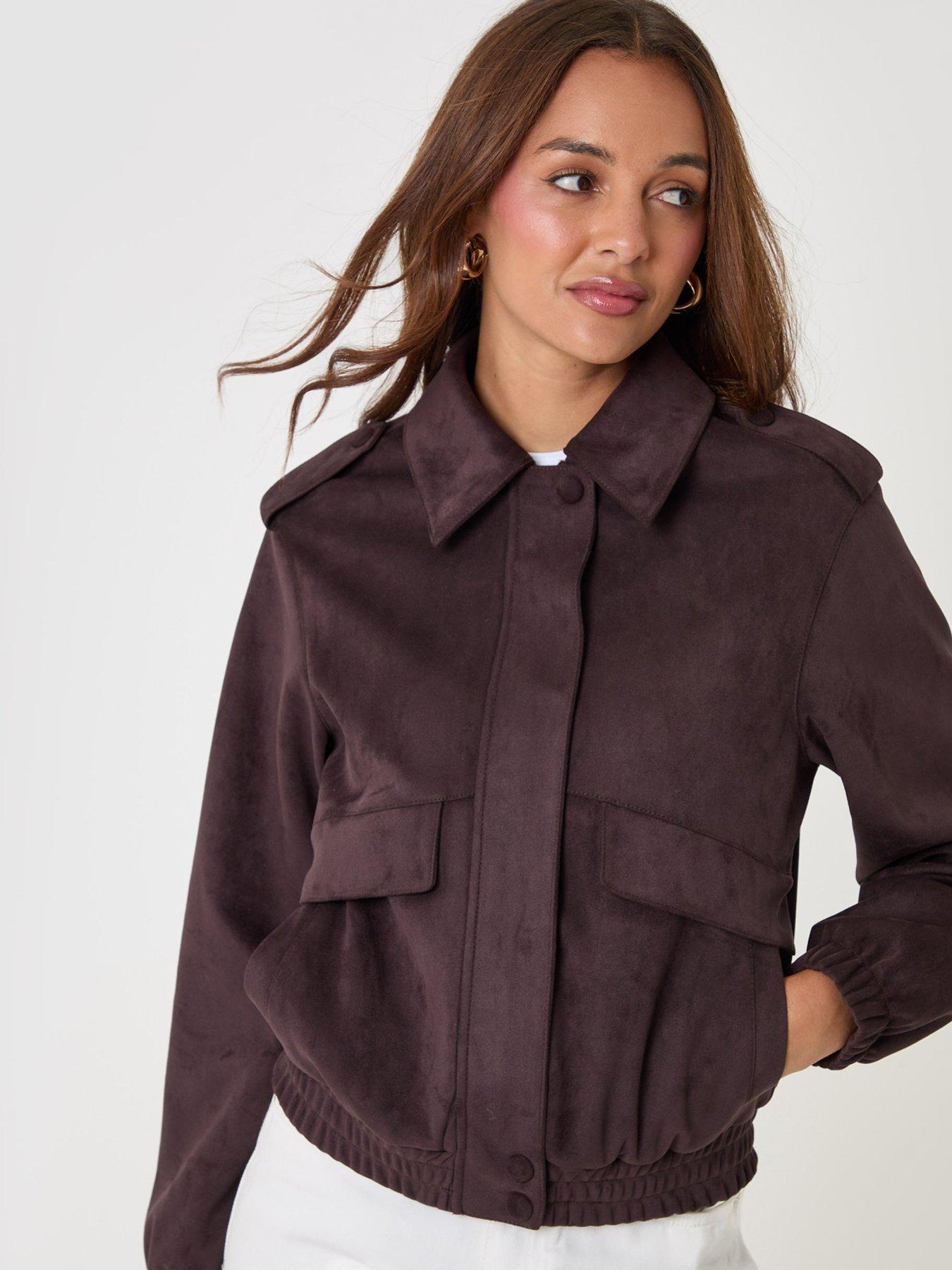 Image 4 of 4 of Threadbare Faux Suede Collared Bomber Jacket In Chocolate Brown