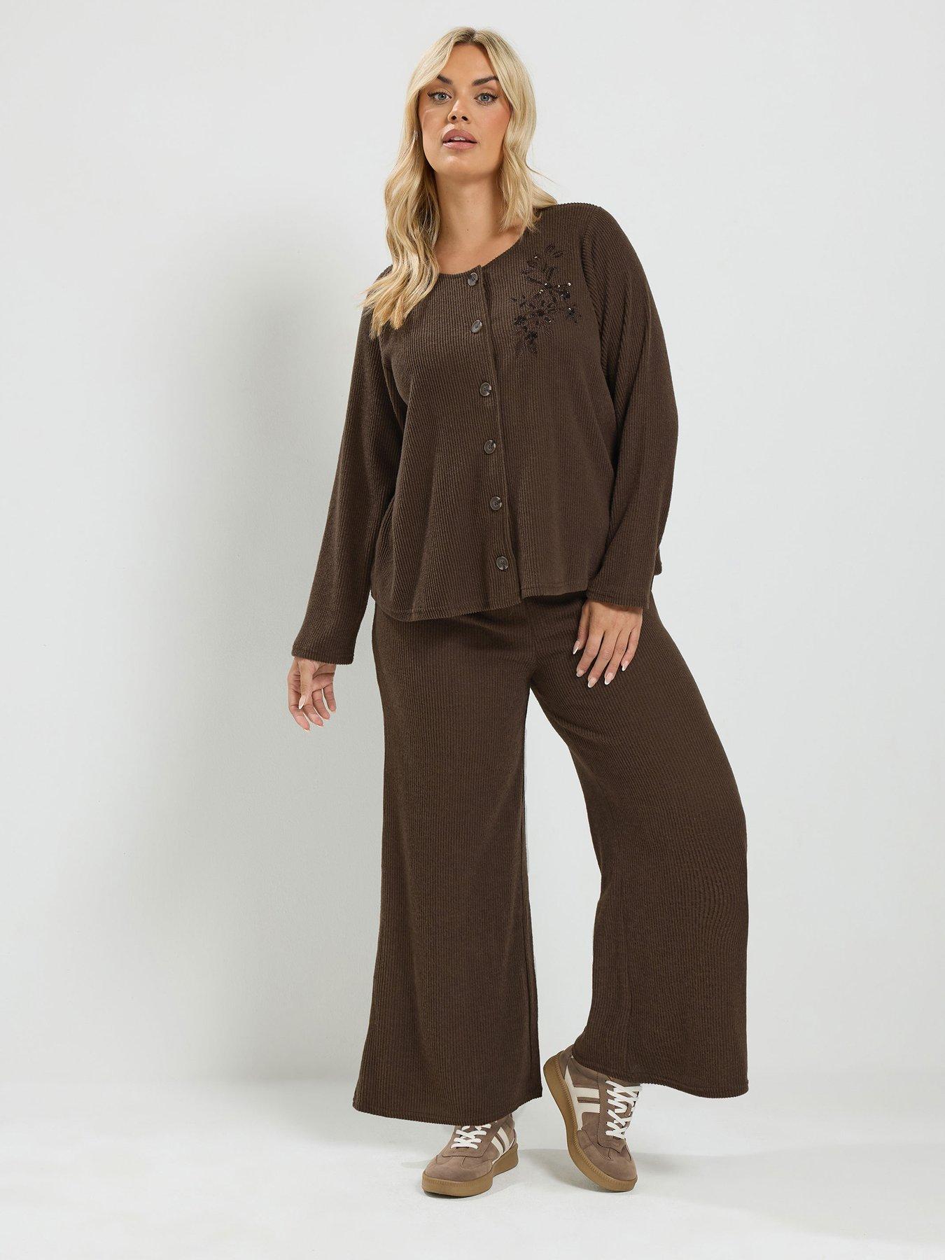 Yours Curve Soft Touch Embroidered Cardigan Set - Brown