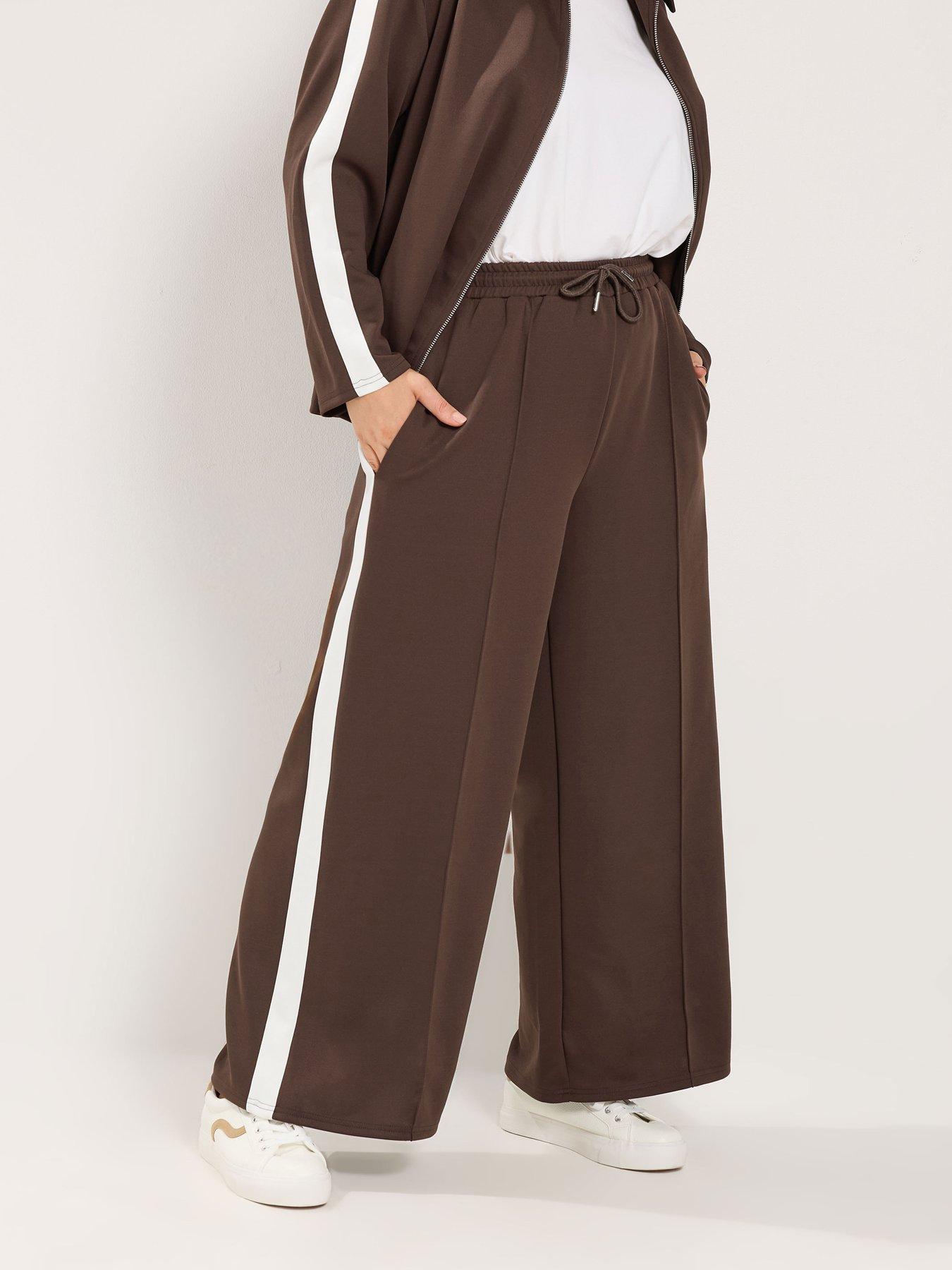 Image 1 of 4 of Yours Womens Curve Side Stripe Wide Leg Jogging Bottoms - Brown