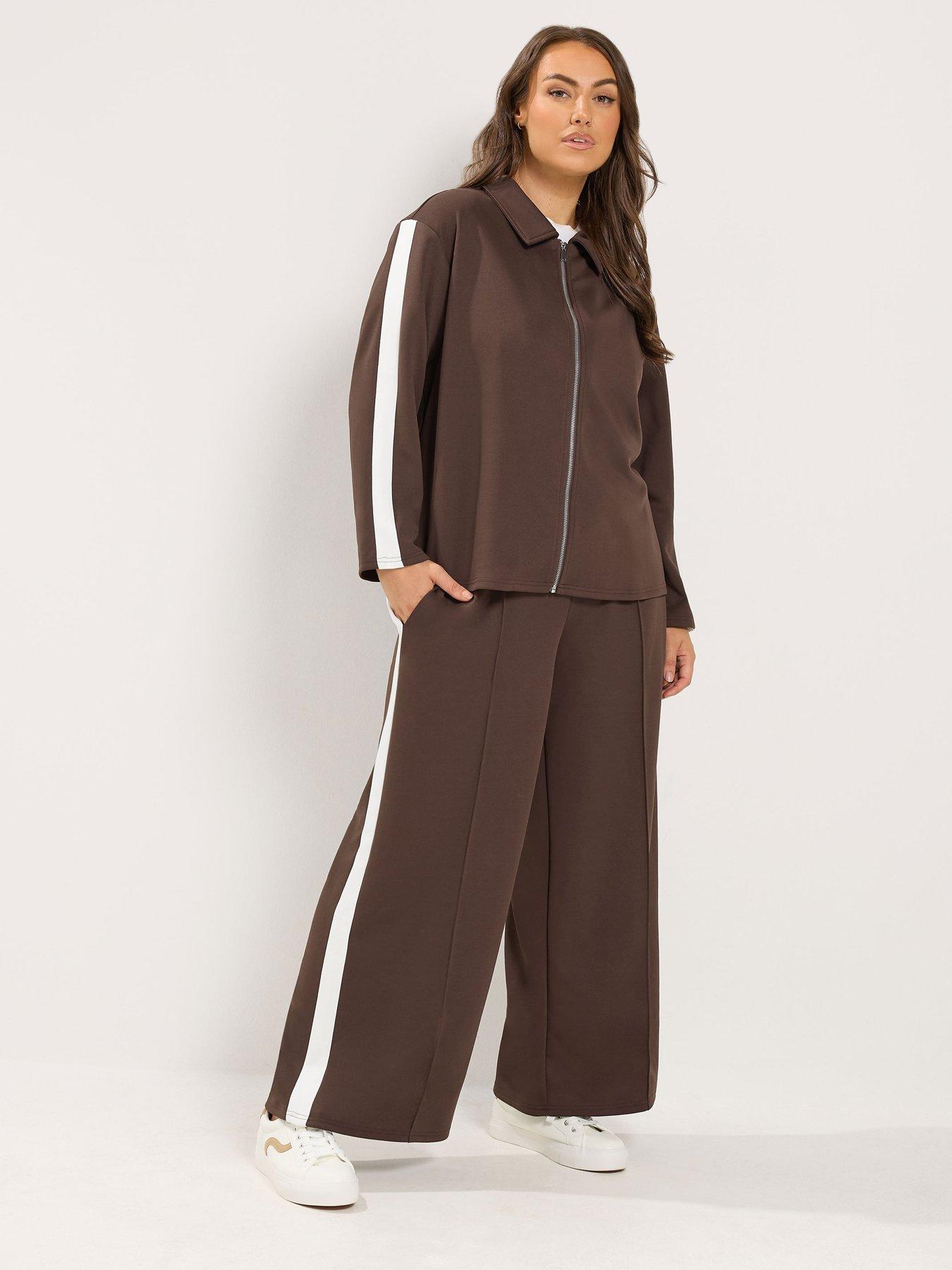 Image 3 of 4 of Yours Womens Curve Side Stripe Wide Leg Jogging Bottoms - Brown