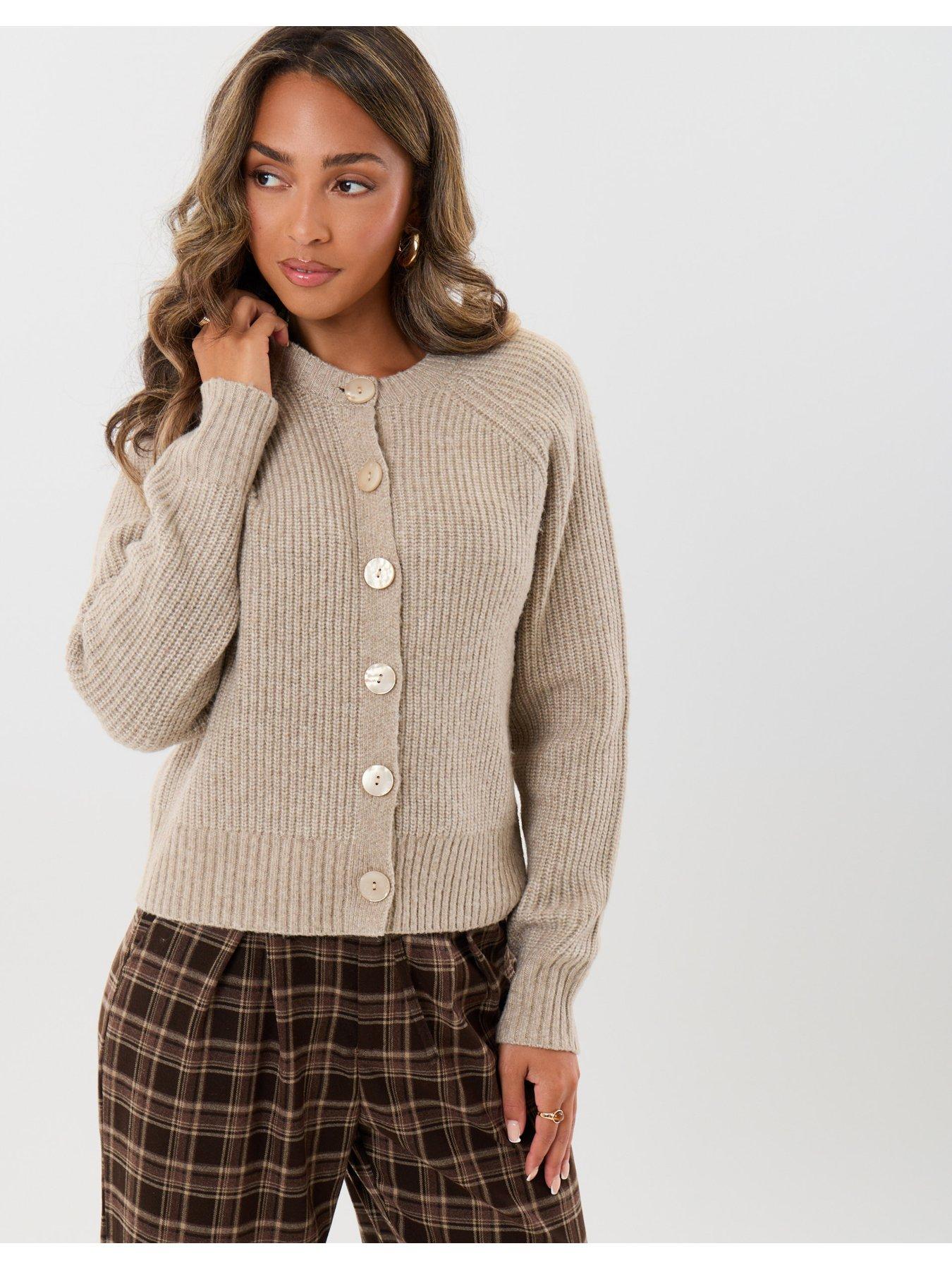 Image 1 of 4 of Threadbare Womens Chunky Rib Button-Through Cardigan - Brown