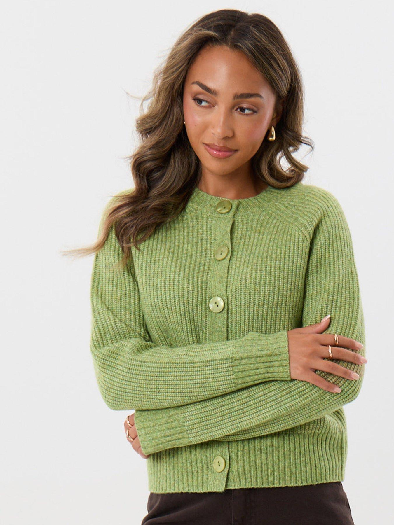 Image 1 of 4 of Threadbare Chunky Knit Crew Neck Cardigan In Green