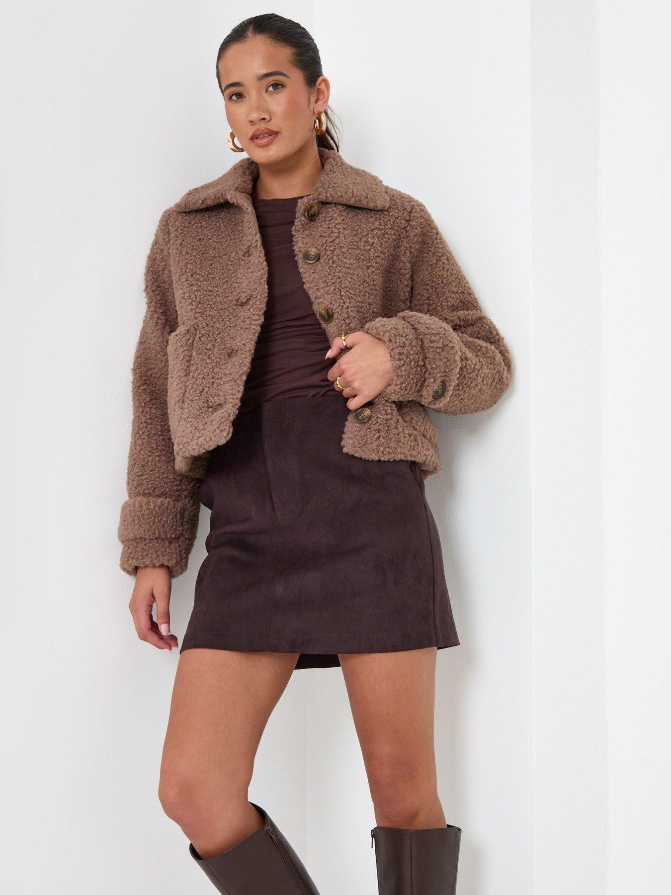 Image 1 of 4 of Threadbare Borg Cropped Jacket In Mink Brown