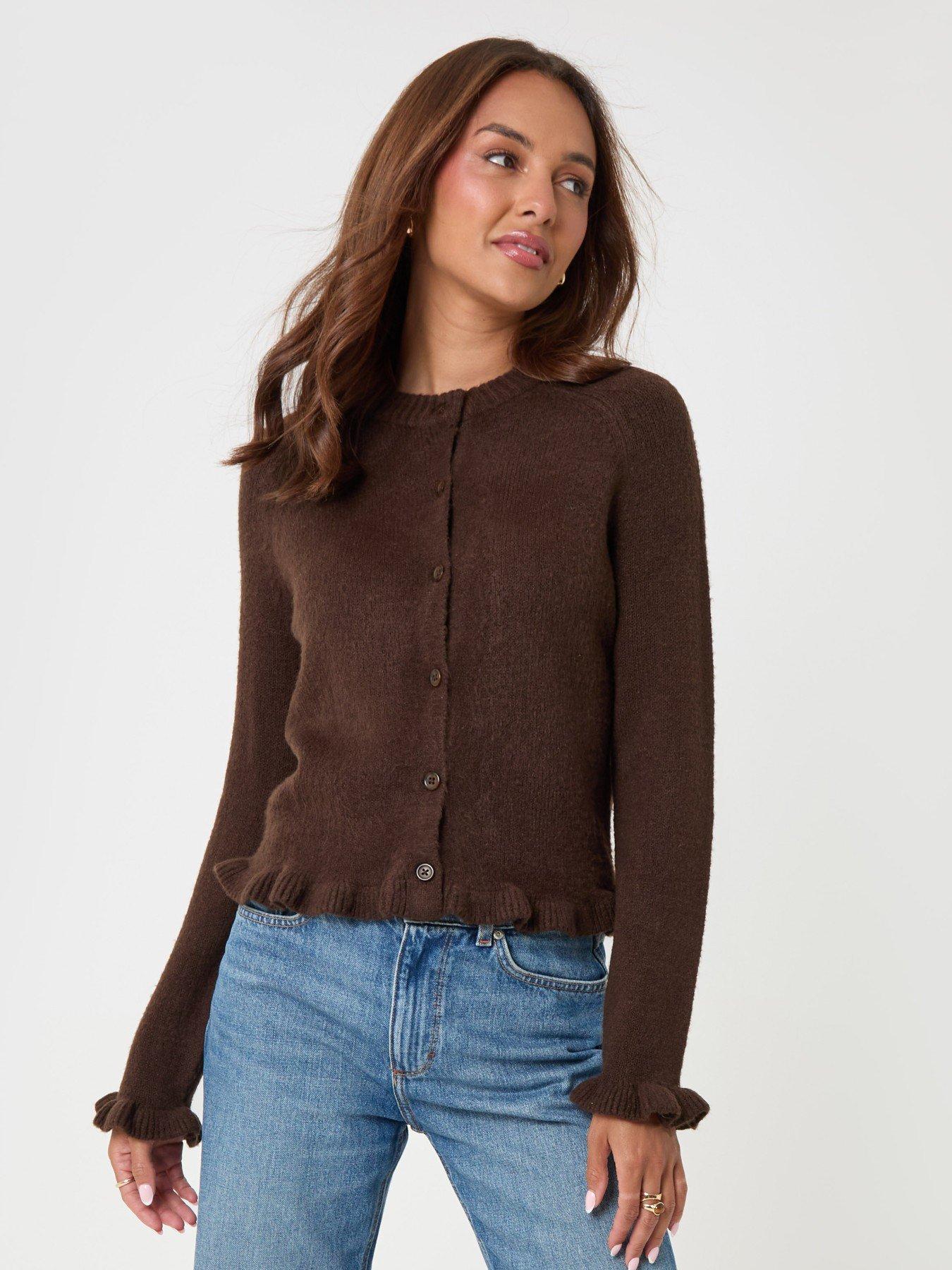 Image 2 of 4 of Threadbare Crew Neck Ruffle Cardigan In Chocolate Brown