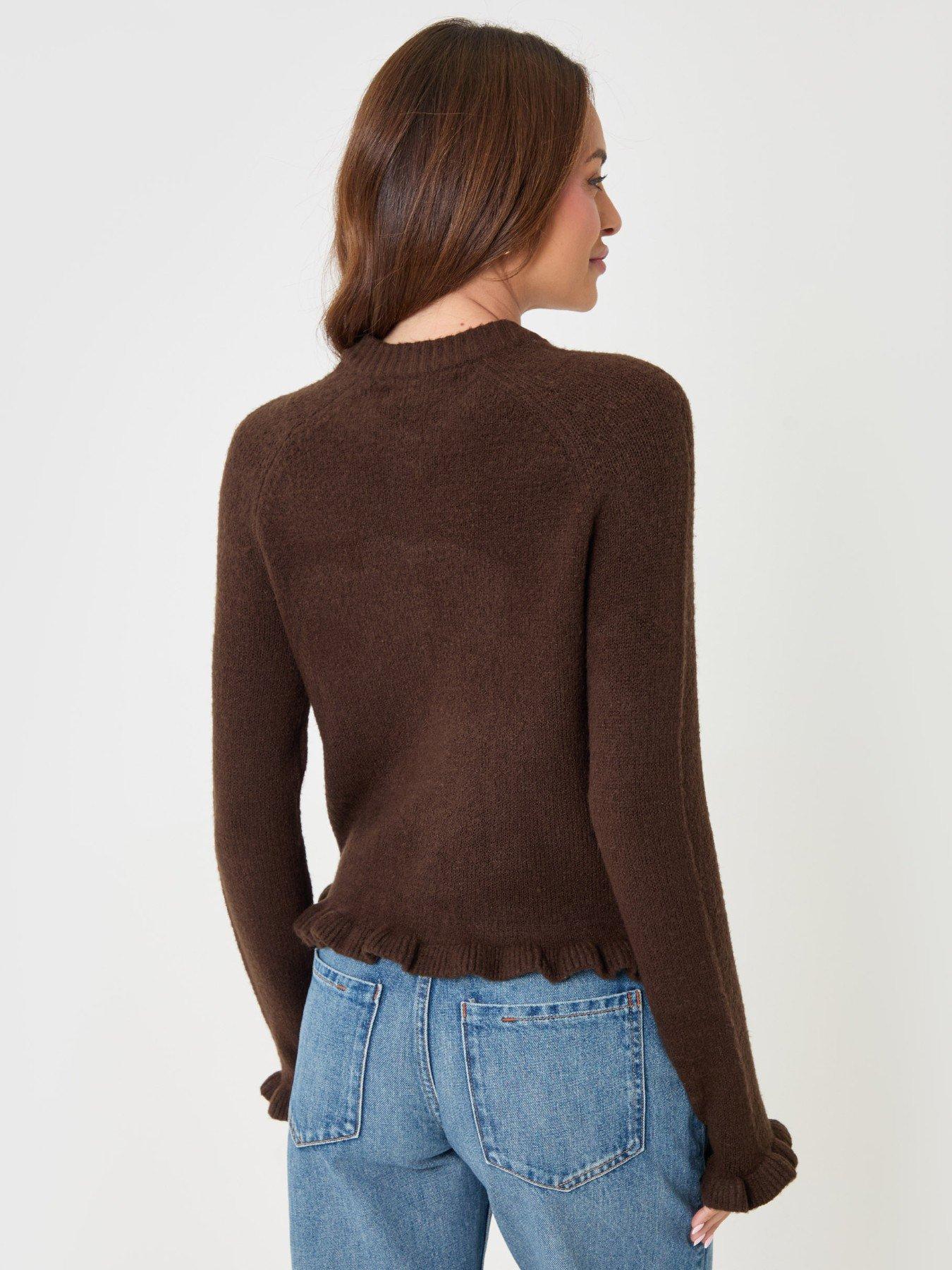 Image 3 of 4 of Threadbare Crew Neck Ruffle Cardigan In Chocolate Brown