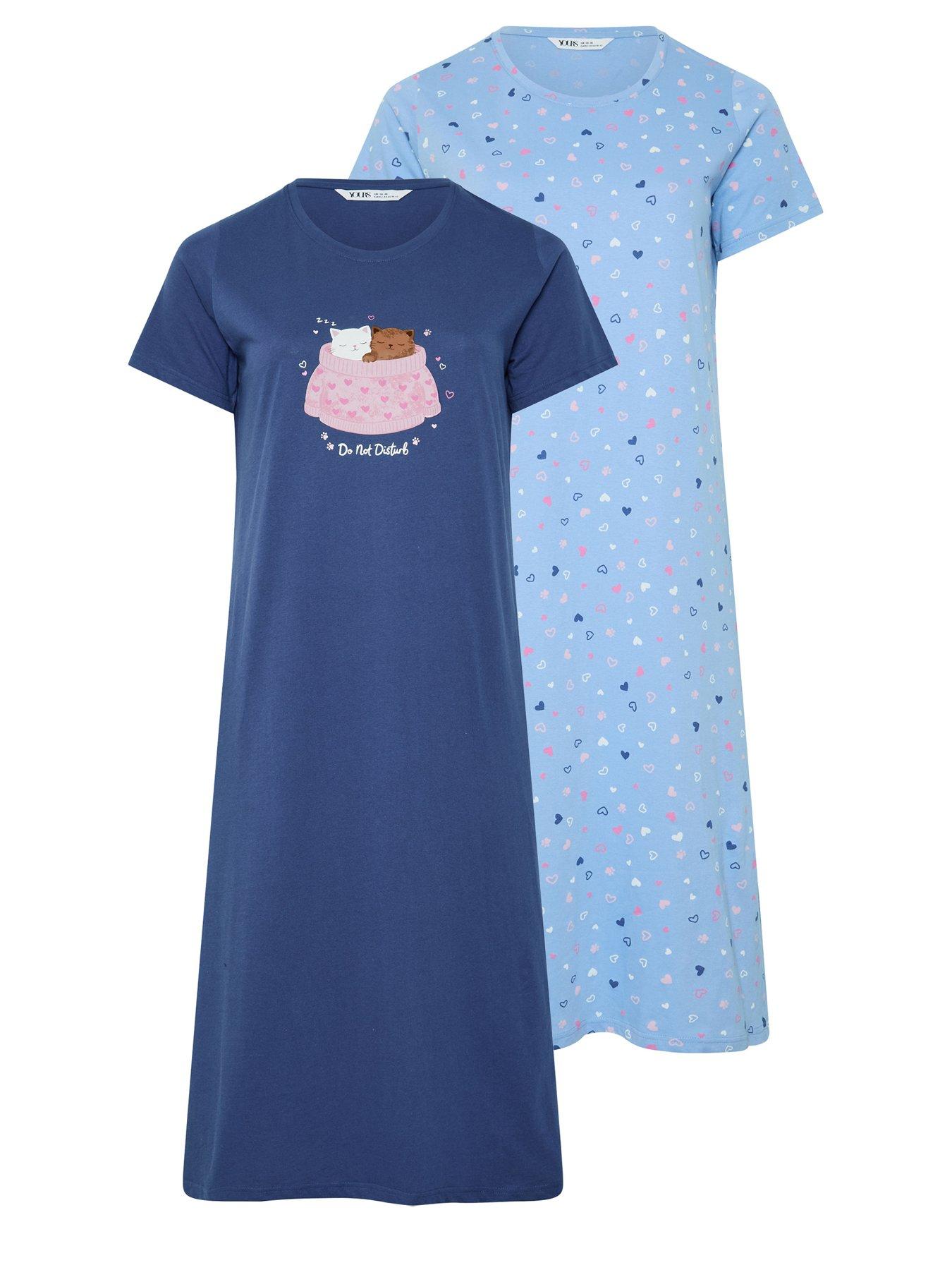 Yours Women's Curve 2 Pack Cat Print Midaxi Nightdresses - Blue / Multi