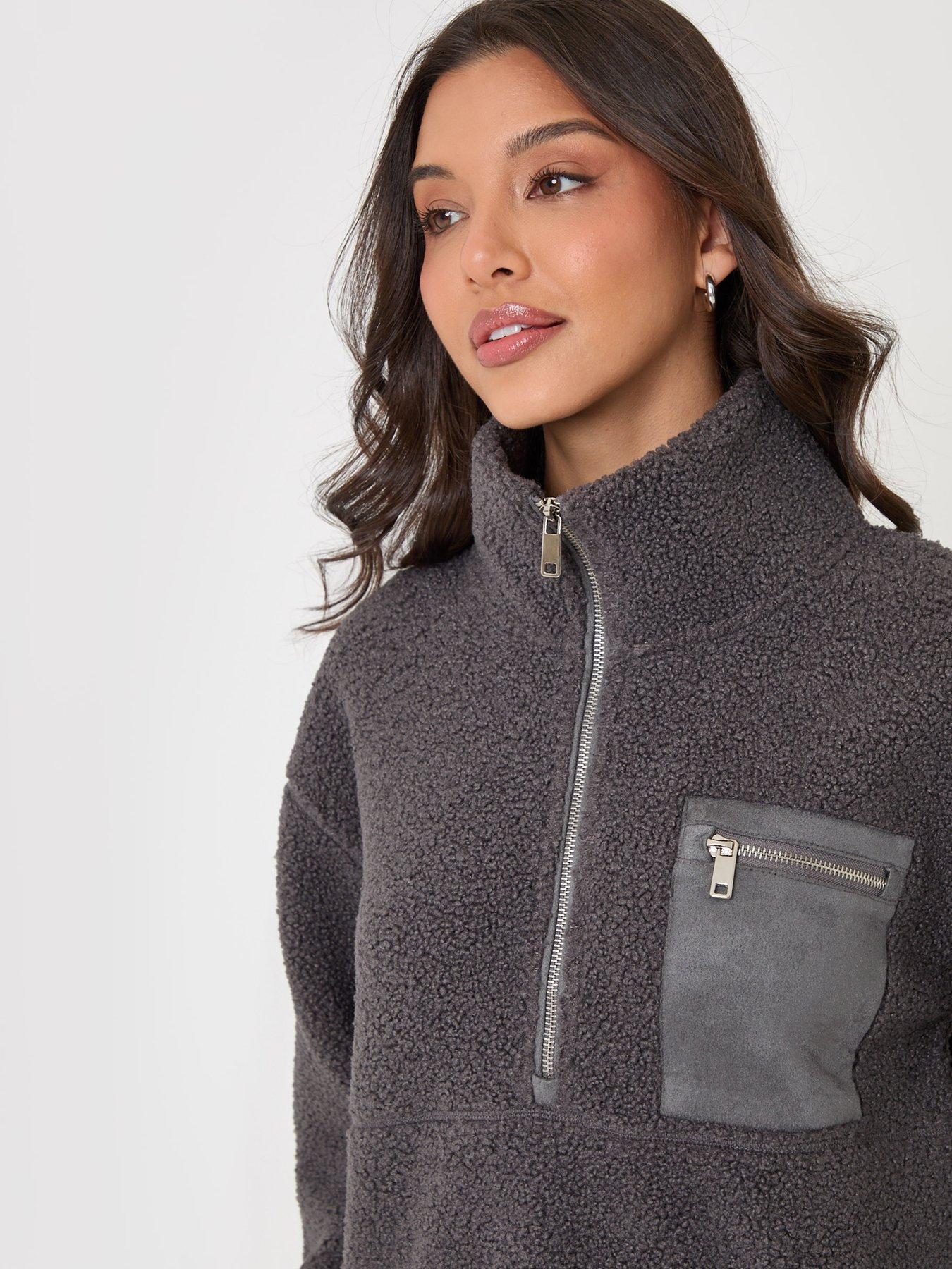 Image 4 of 7 of Threadbare Womens Half-Zip Borg Fleece High Collar Zip Pocket - Grey