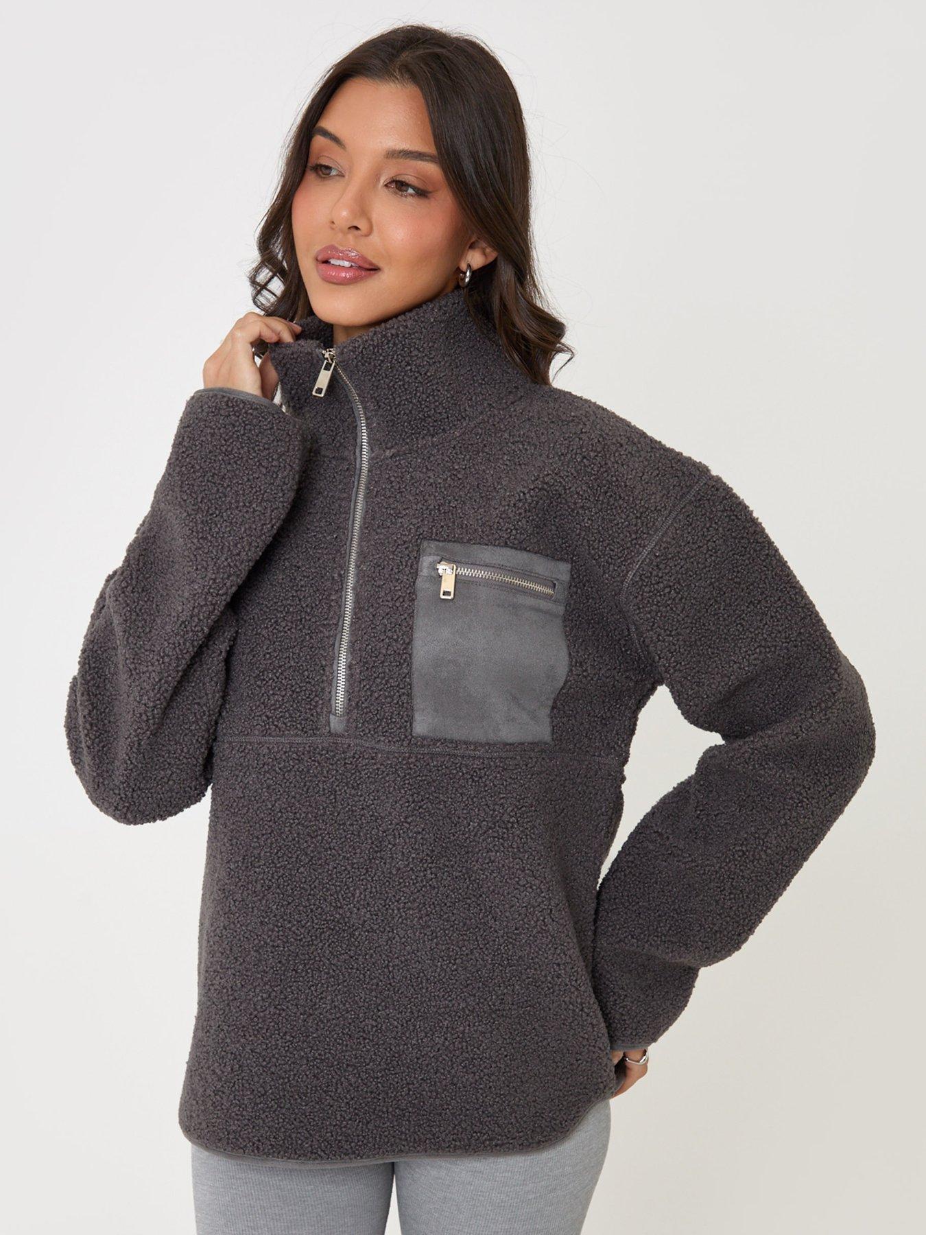 Image 7 of 7 of Threadbare Womens Half-Zip Borg Fleece High Collar Zip Pocket - Grey
