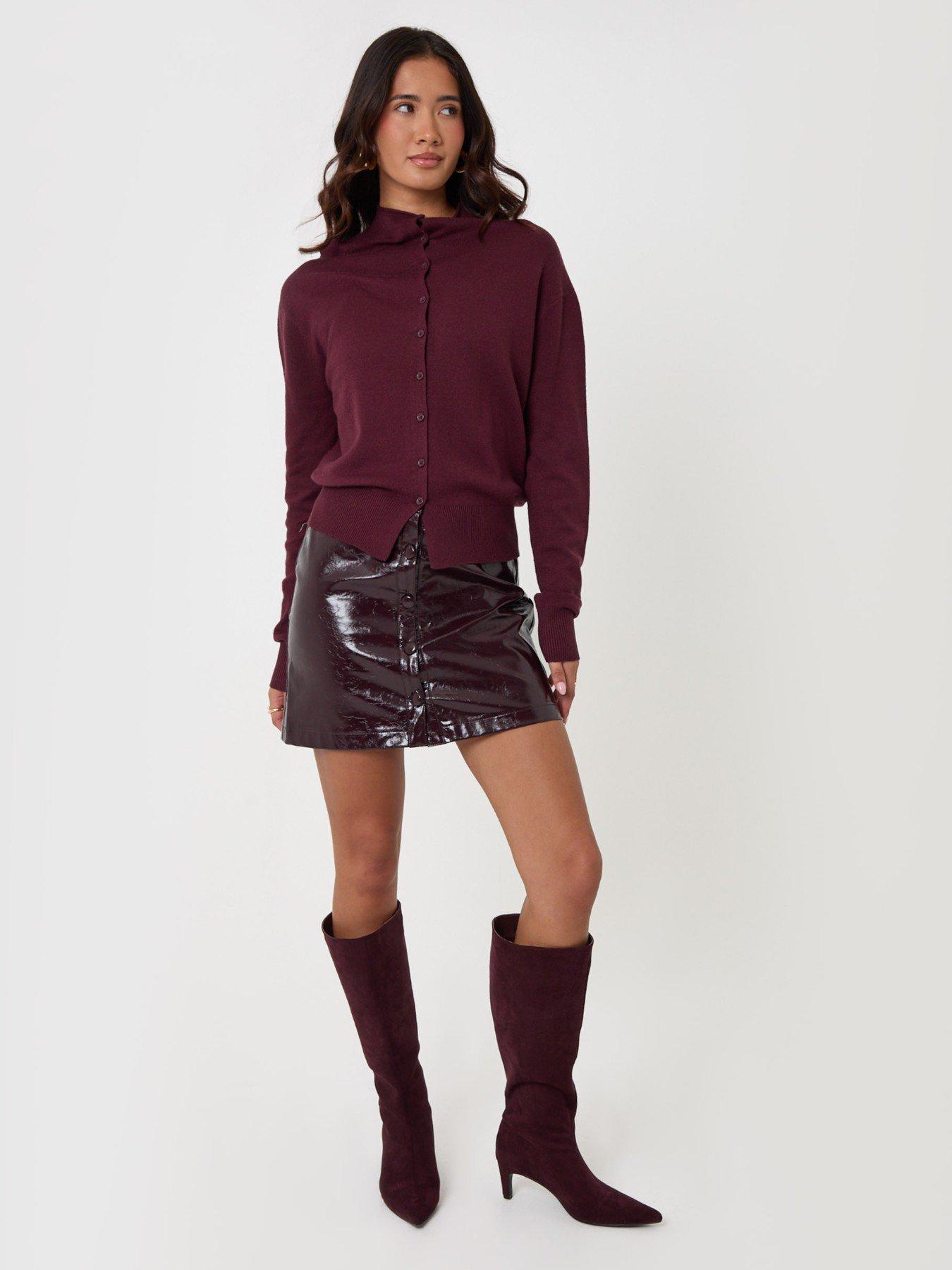 Image 4 of 5 of Threadbare Faux Leather Button Front Mini Skirt In Plum