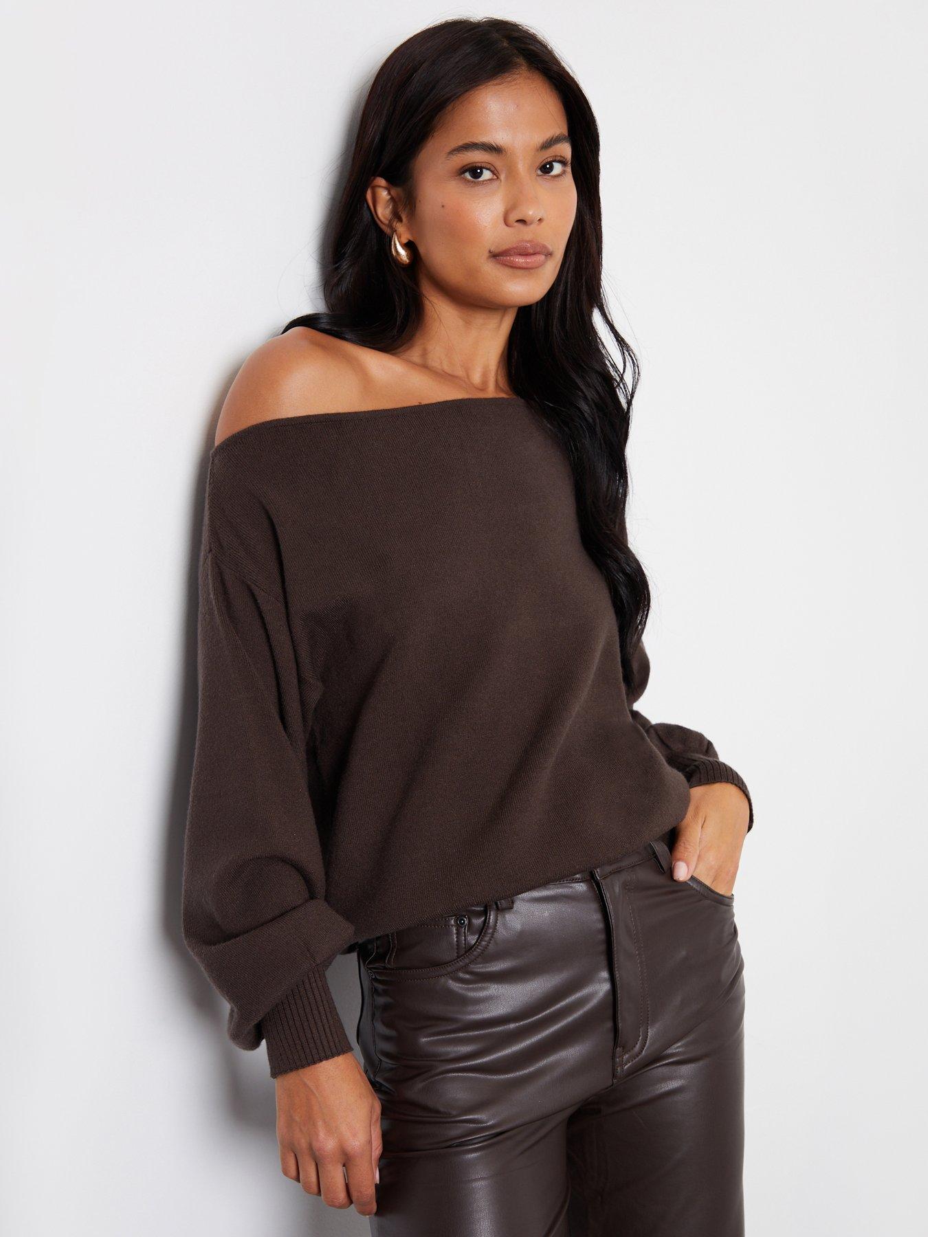 Image 1 of 4 of Threadbare Womens Slash Neck Soft Knit Jumper - Chocolate Brown