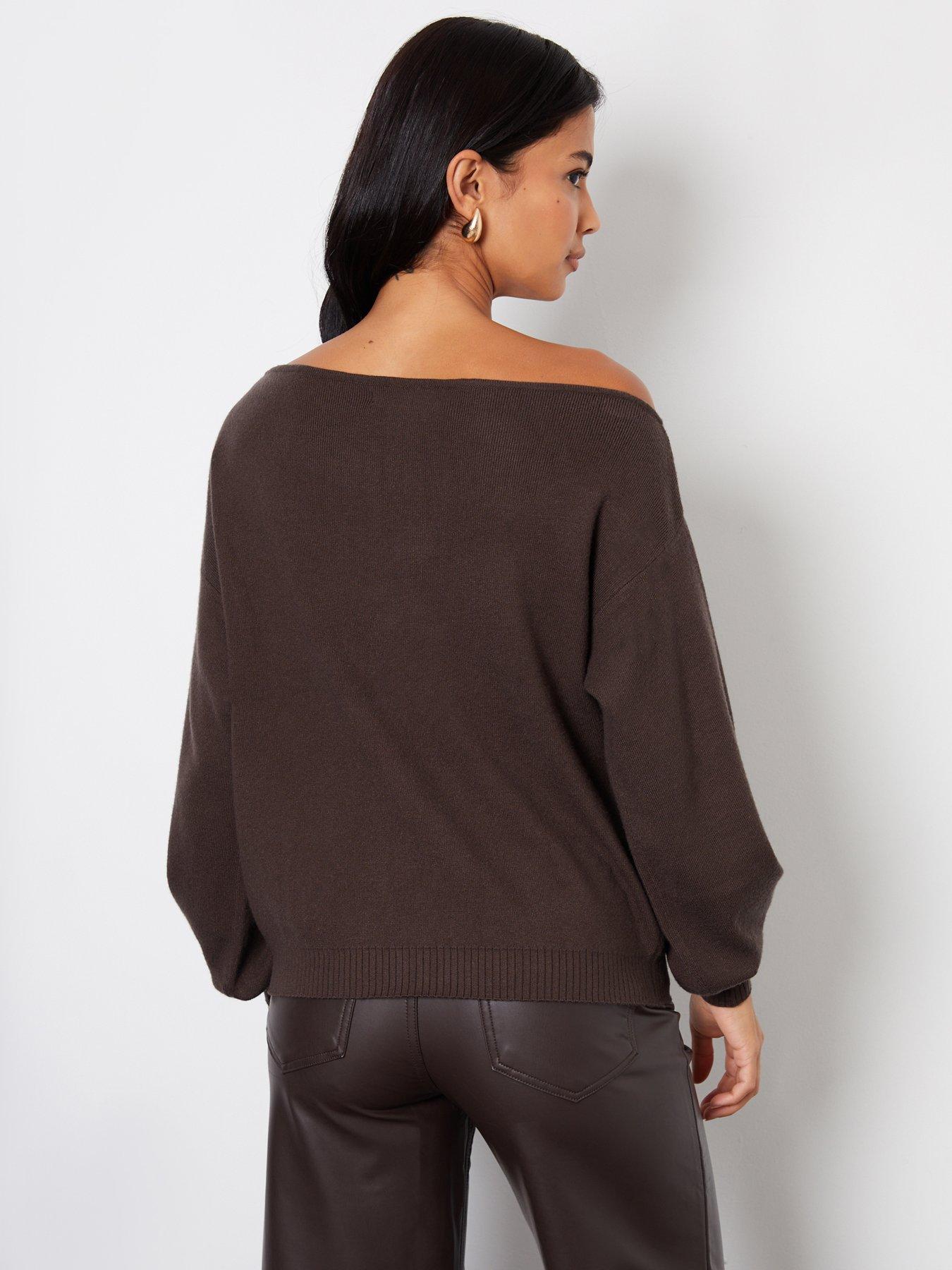 Image 2 of 4 of Threadbare Womens Slash Neck Soft Knit Jumper - Chocolate Brown