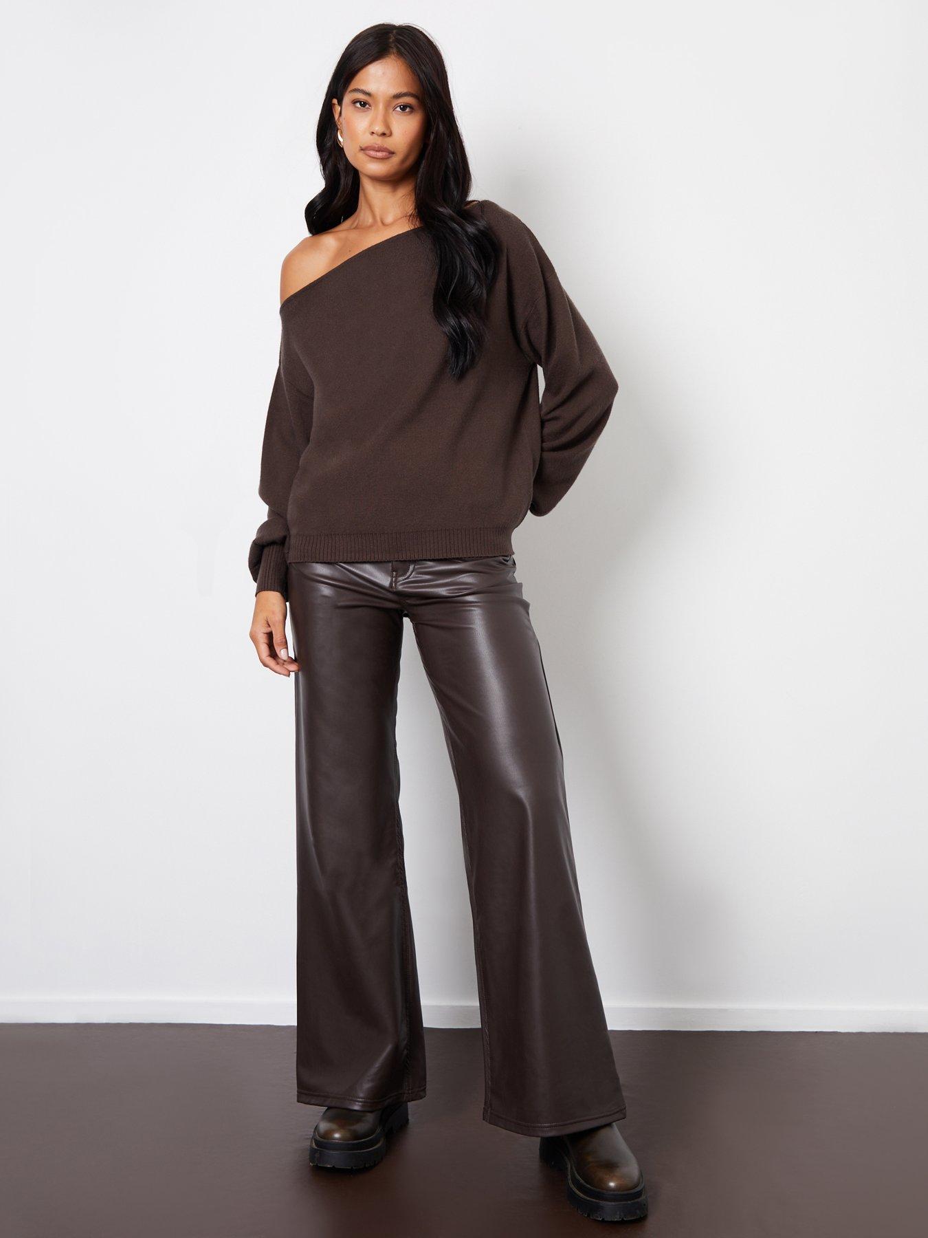 Image 3 of 4 of Threadbare Womens Slash Neck Soft Knit Jumper - Chocolate Brown