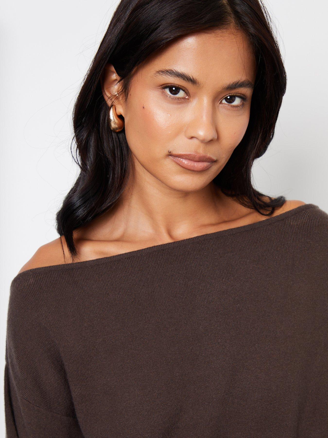 Image 4 of 4 of Threadbare Womens Slash Neck Soft Knit Jumper - Chocolate Brown