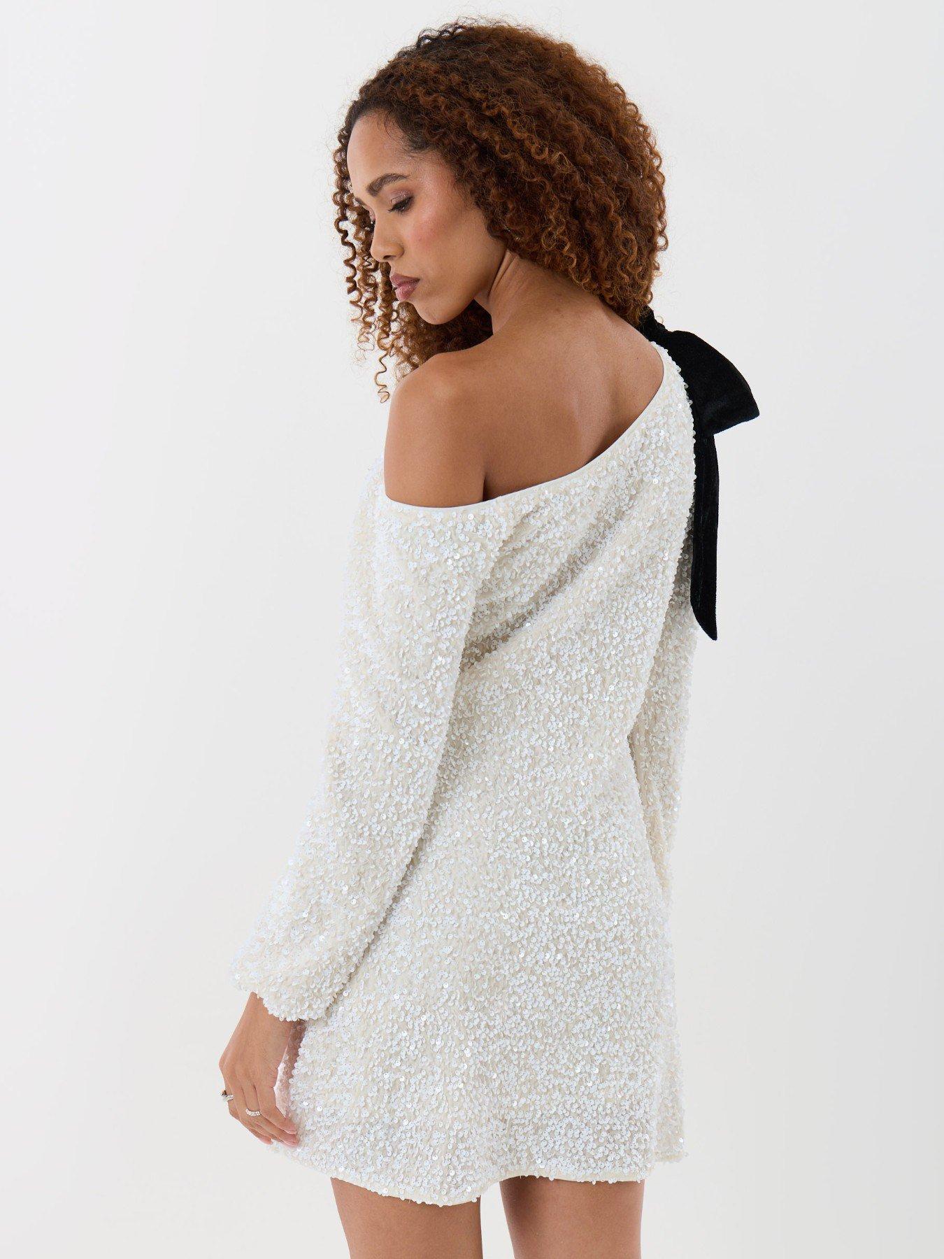Image 2 of 5 of Threadbare Sequin Slash Neck Dress With Bow Detail In White