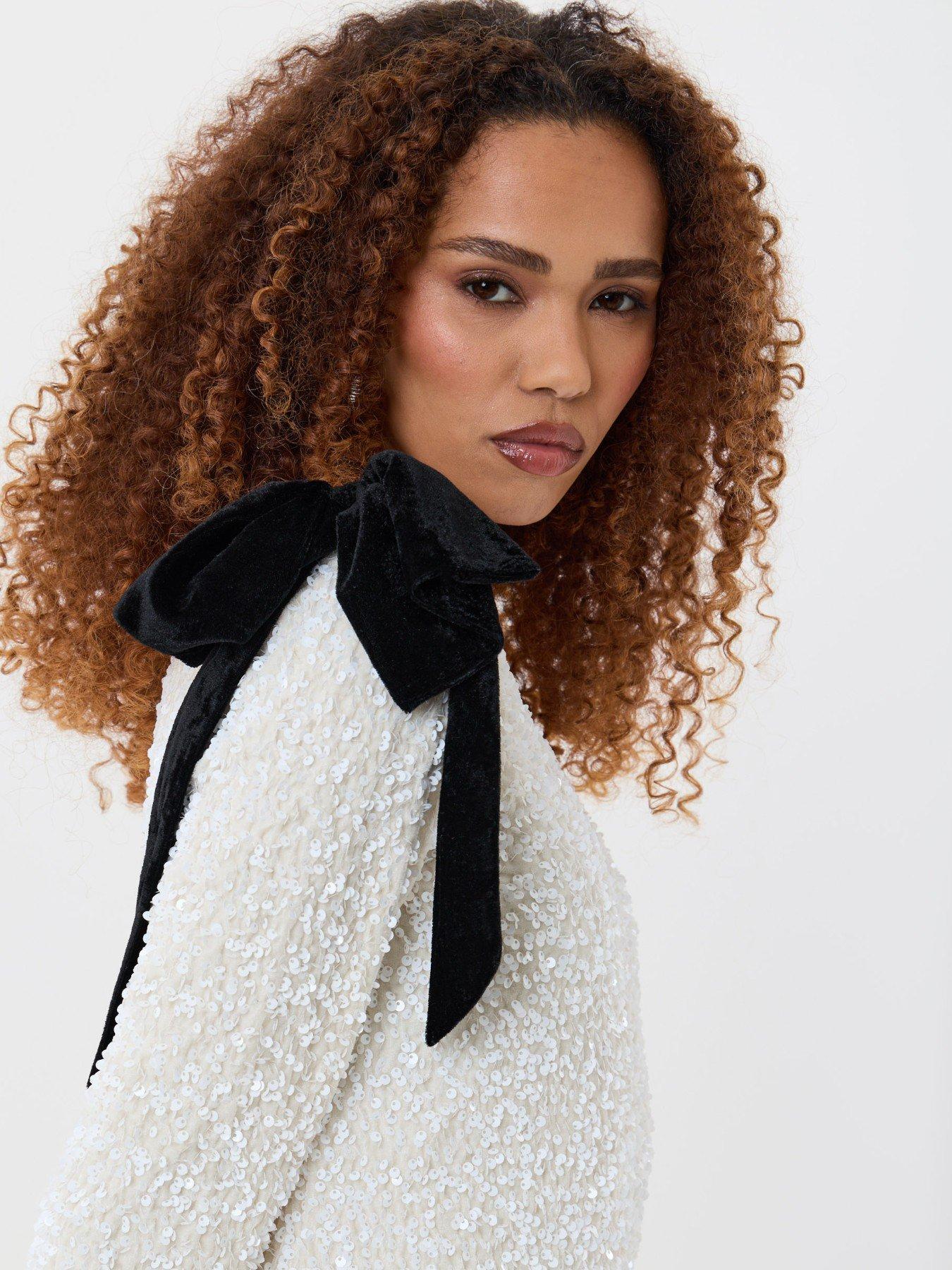 Image 4 of 5 of Threadbare Sequin Slash Neck Dress With Bow Detail In White