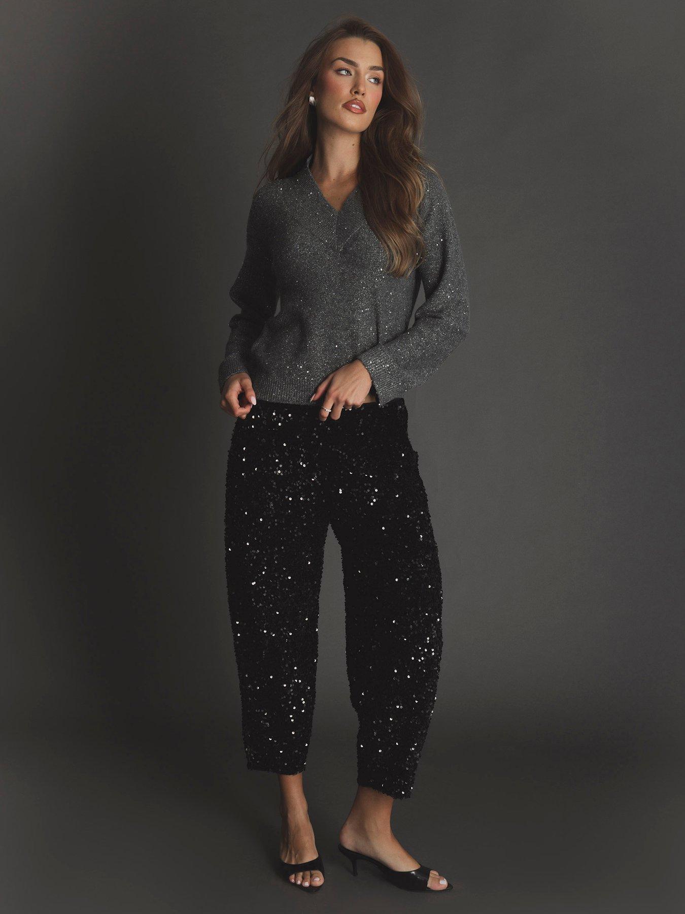Image 1 of 4 of Threadbare Womens High Waisted Sequin Straight Leg Trousers - Black