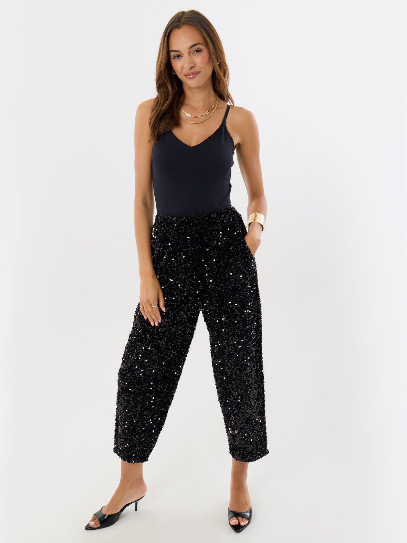 Image 3 of 4 of Threadbare Womens High Waisted Sequin Straight Leg Trousers - Black