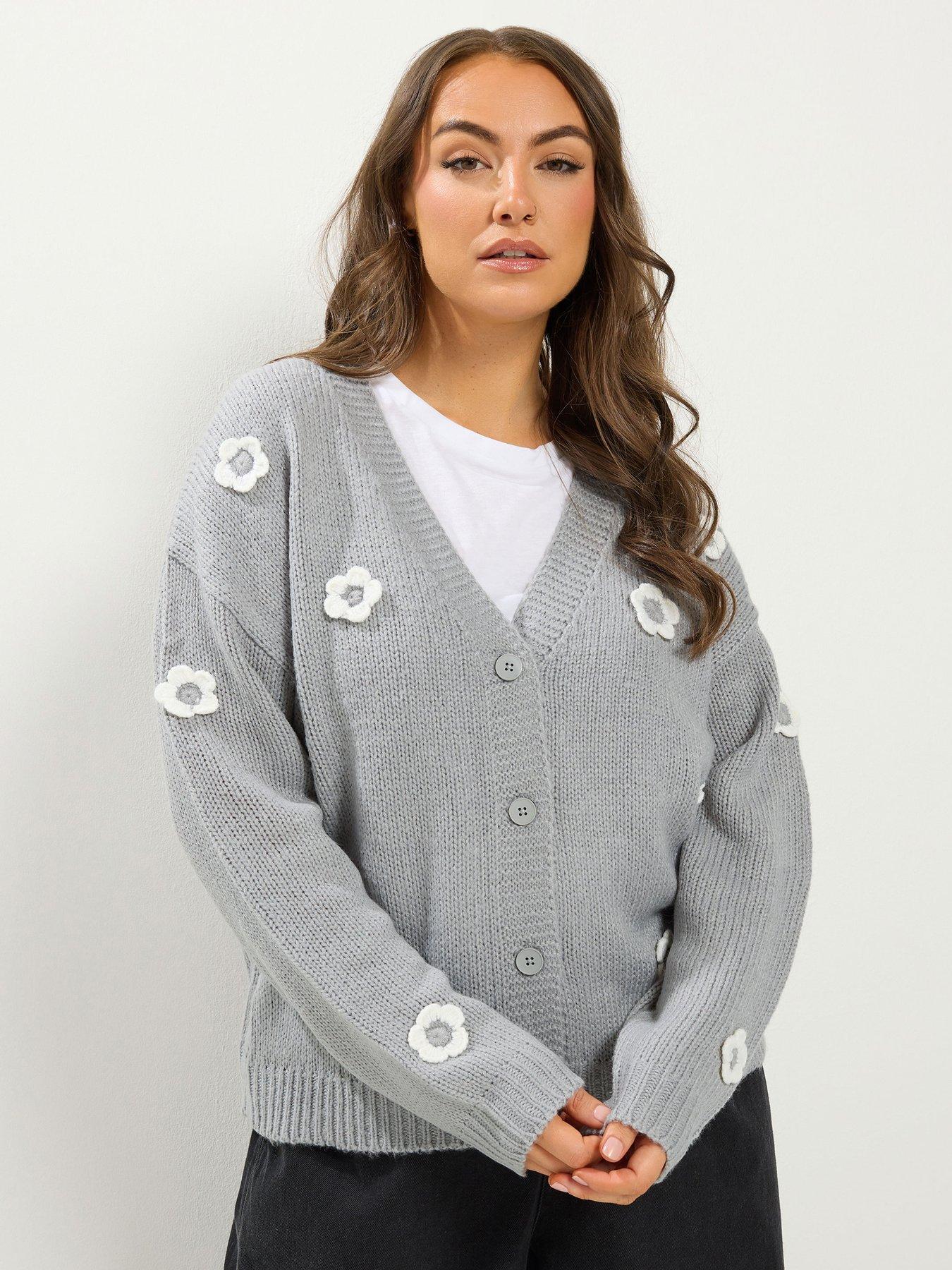 Yours Curve Applique Floral Cardigan - Grey