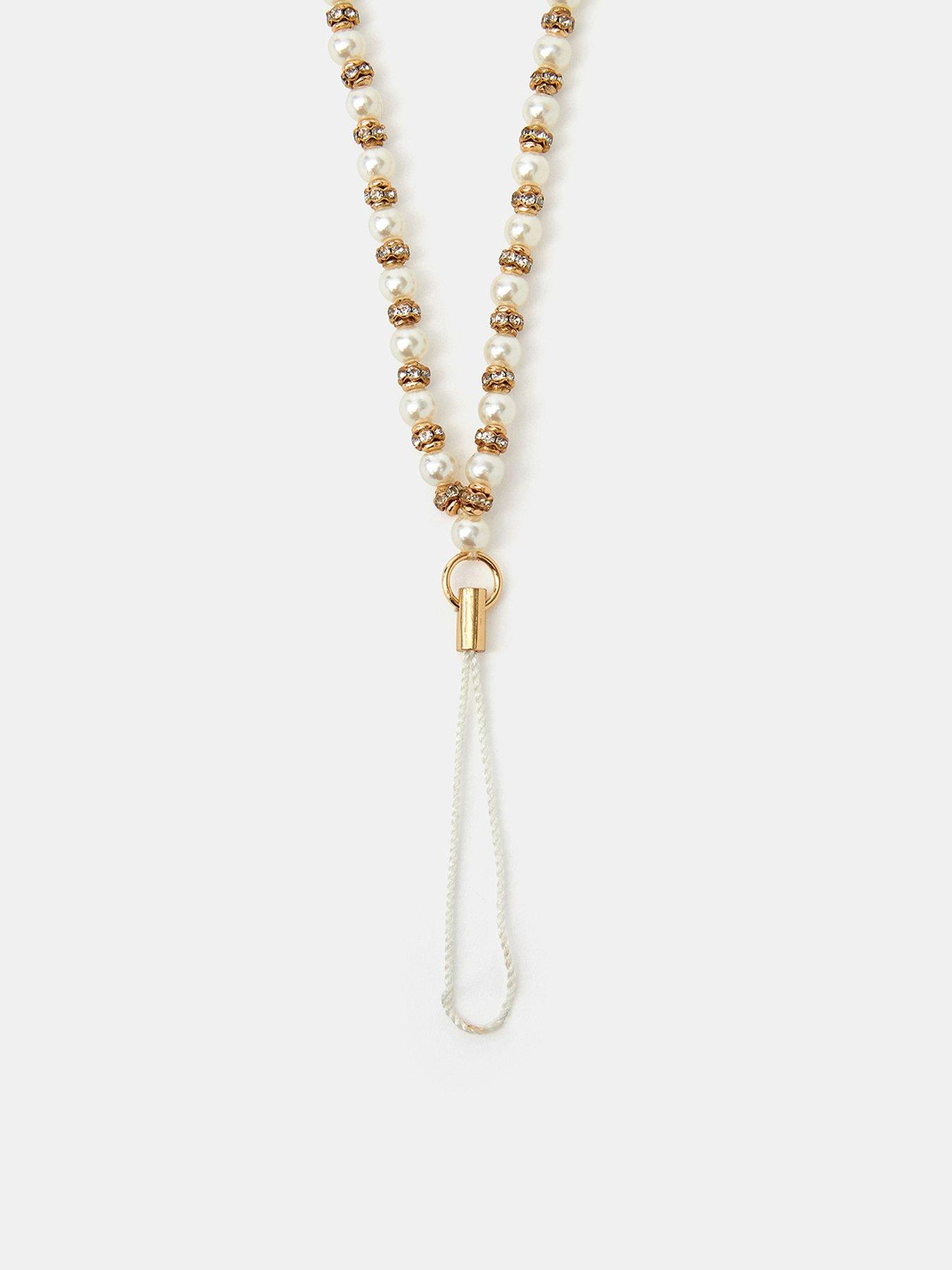 Image 2 of 2 of Accessorize Womens Pearl-Look Beads Gold-Tone Wrist Strap Phone Charm - Cream