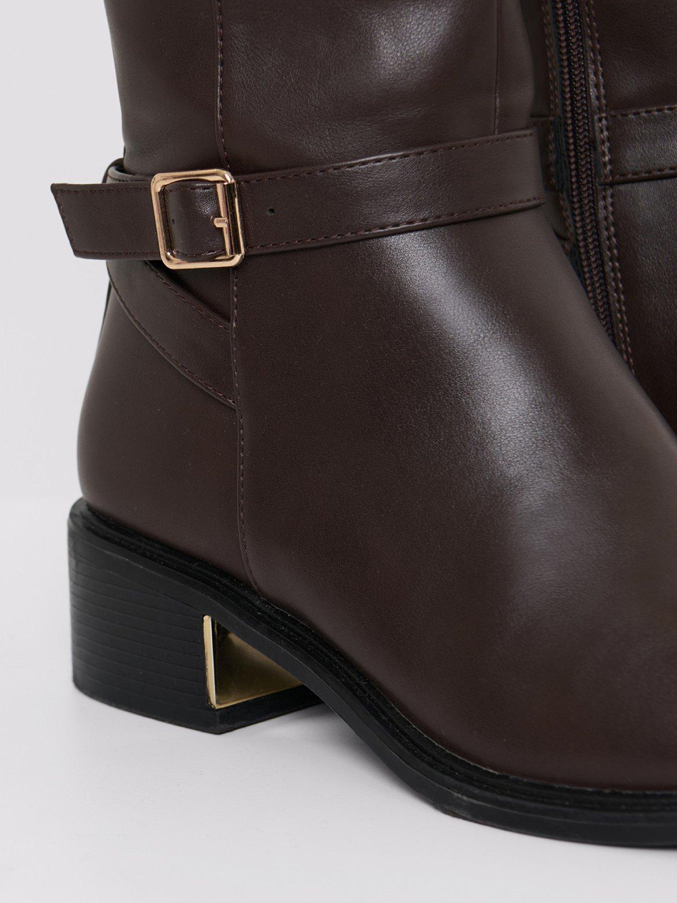 Image 3 of 5 of Threadbare Womens Faux Leather Side Zip Buckle Riding Boots - Brown