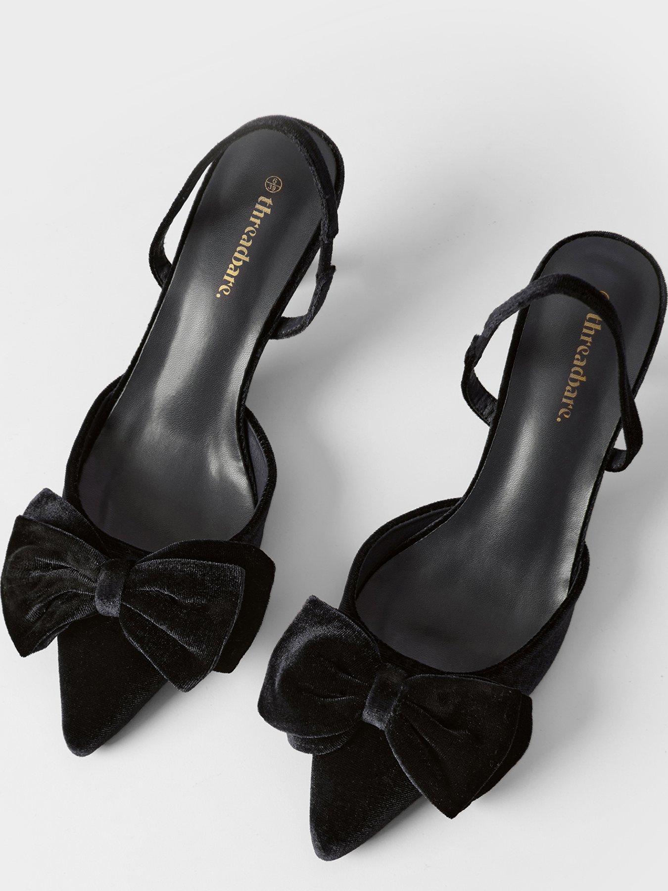 Image 4 of 4 of Threadbare Velvet Bow Kitten Heels In Black