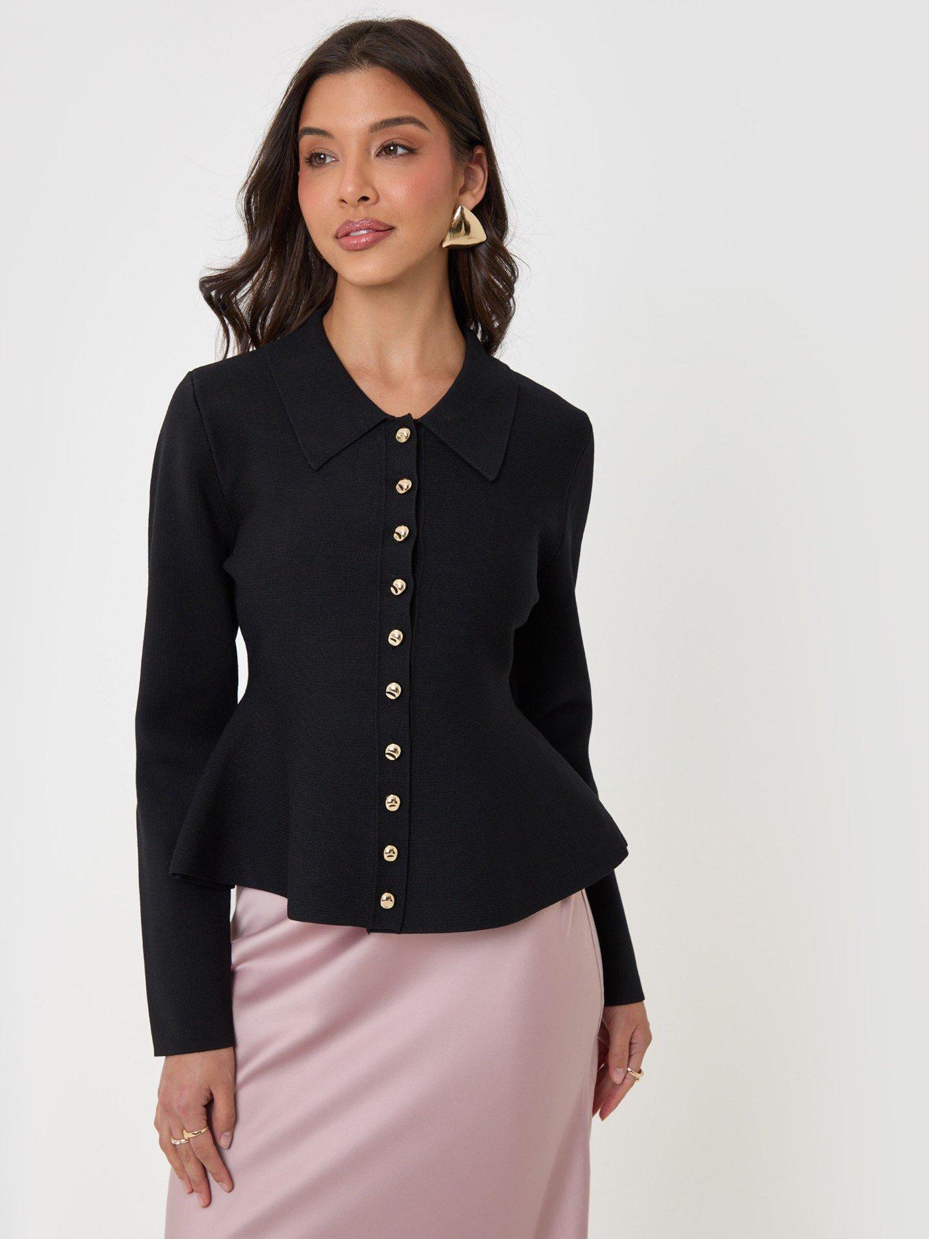 Image 1 of 4 of Threadbare Womens Peplum Button-Through Collar Cardigan - Black