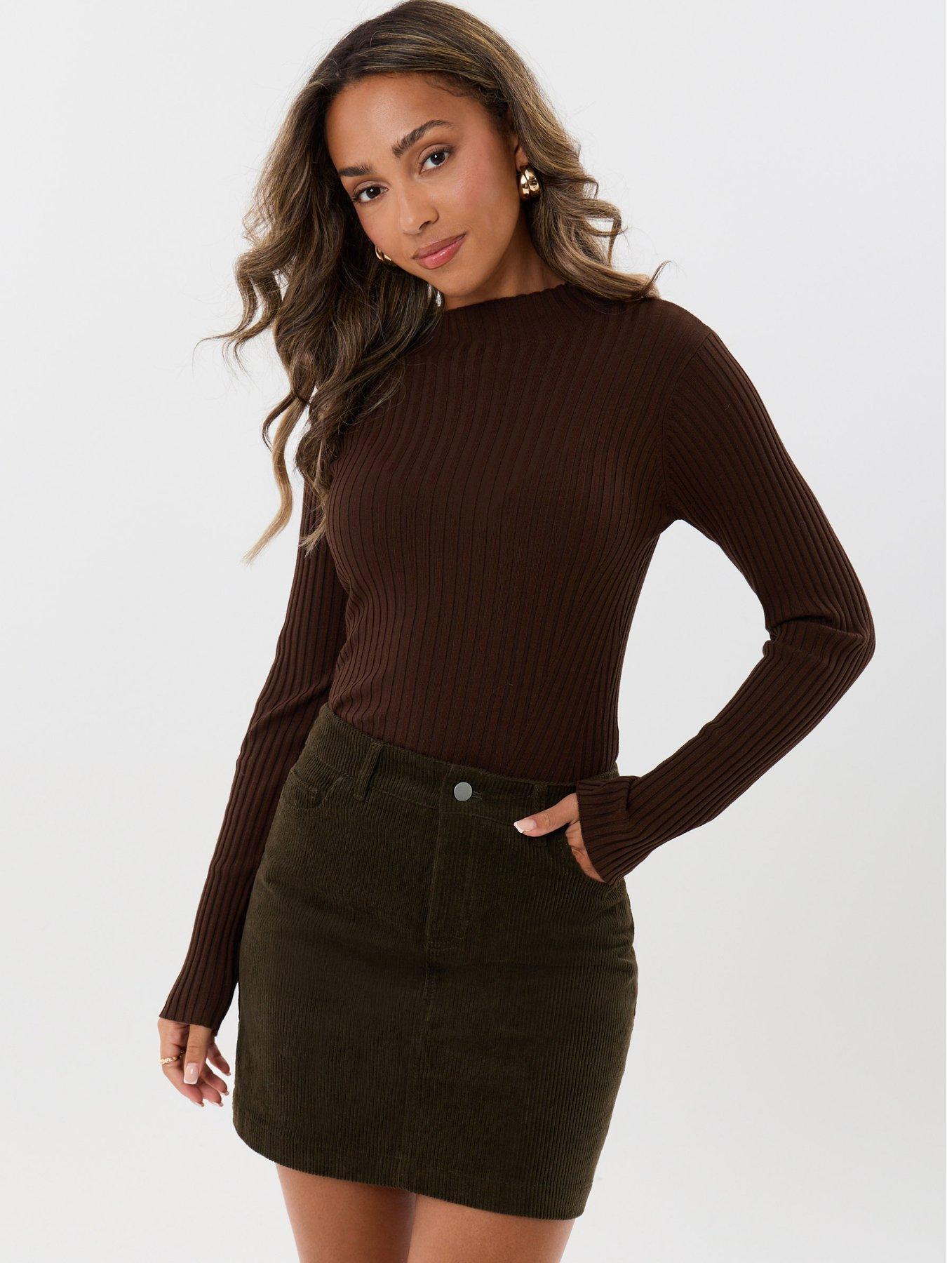Image 1 of 5 of Threadbare Petite Corduroy Mini Skirt With Pockets In Olive Green