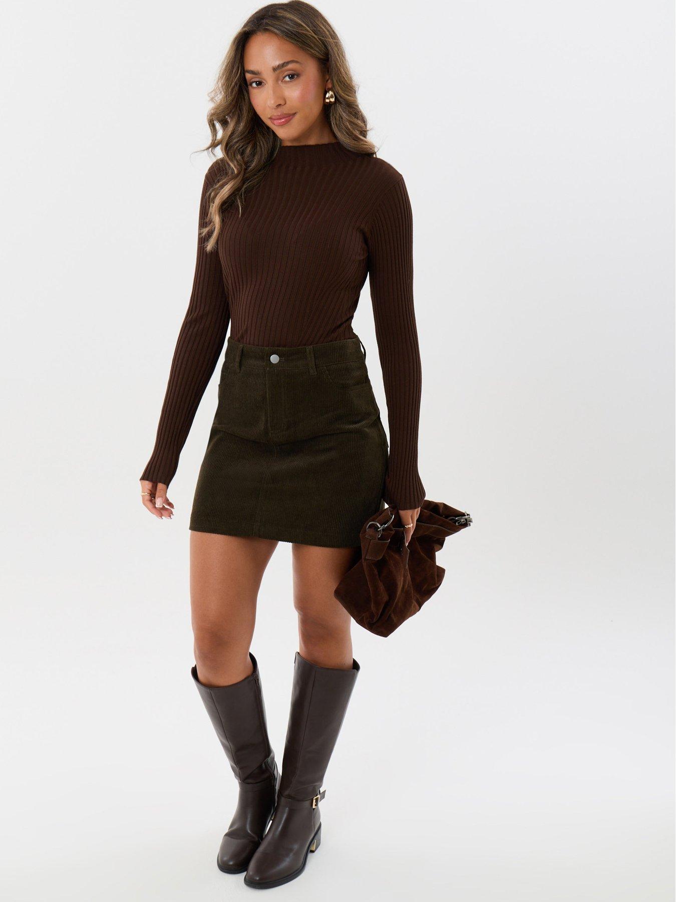 Image 4 of 5 of Threadbare Petite Corduroy Mini Skirt With Pockets In Olive Green