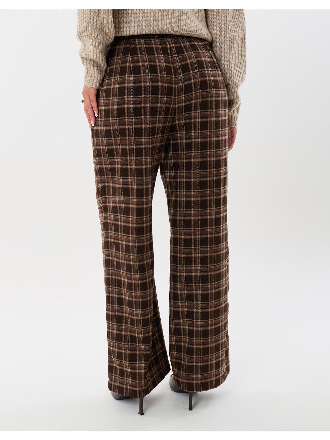 Image 2 of 4 of Threadbare Wide Leg Tie Belt Trousers In Brown Check