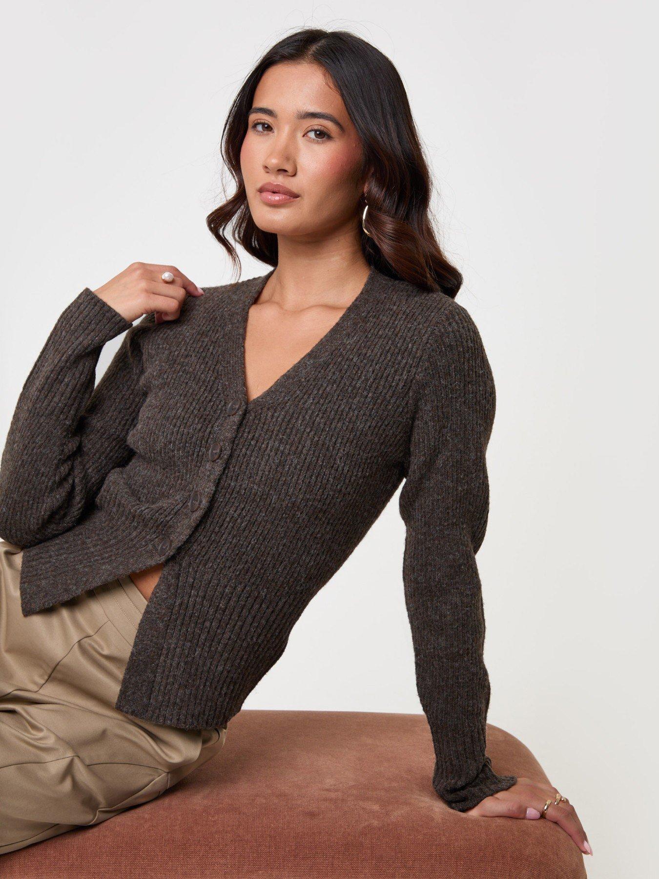 Image 1 of 4 of Threadbare Womens V-Neck Ribbed Button Cardigan - Brown
