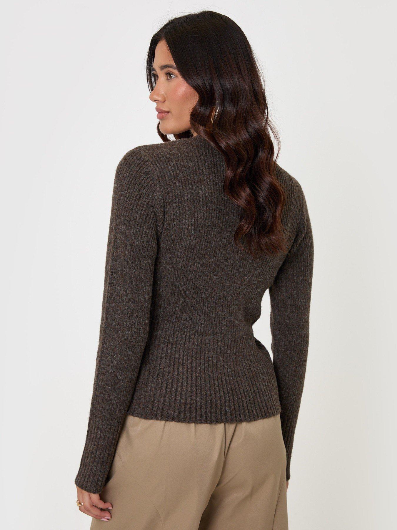 Image 2 of 4 of Threadbare Womens V-Neck Ribbed Button Cardigan - Brown