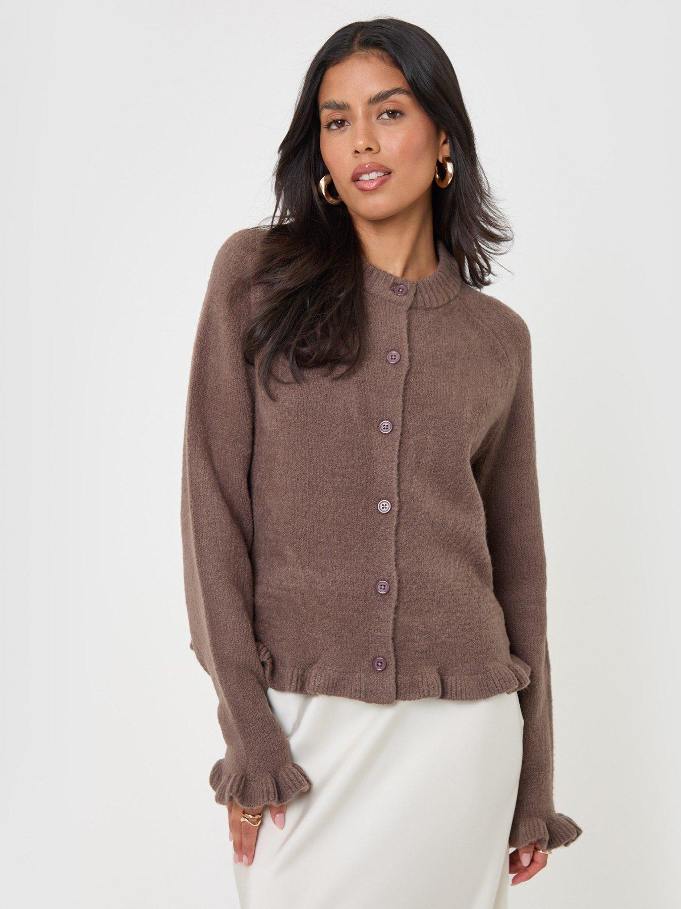 Image 2 of 5 of Threadbare Womens Ruffle Trim Crew Neck Cardigan - Mocha Brown