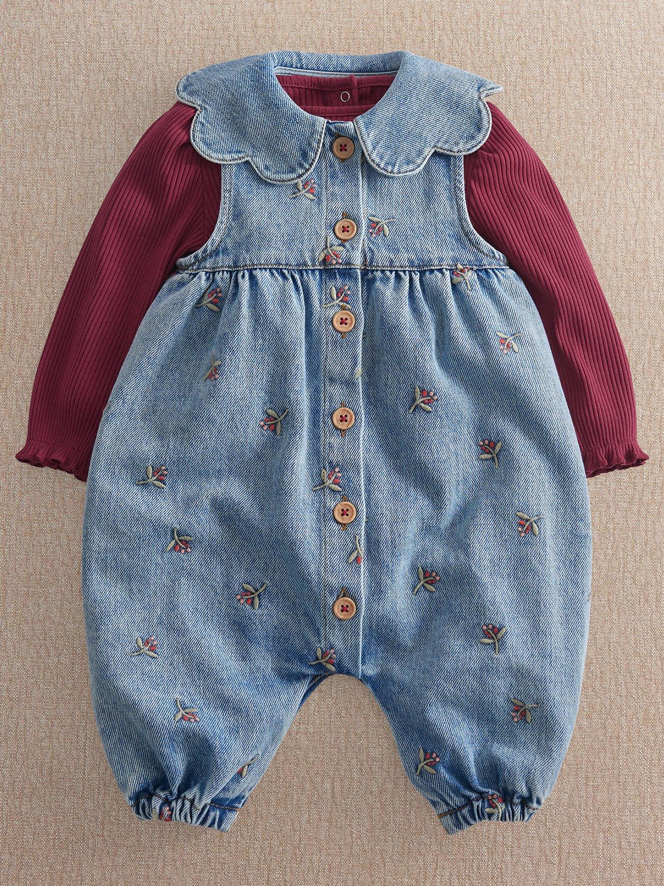 Mamas & Papas Baby Girls 2 Piece Berry Denim Dungarees & Ribbed Bodysuit Set - Blue