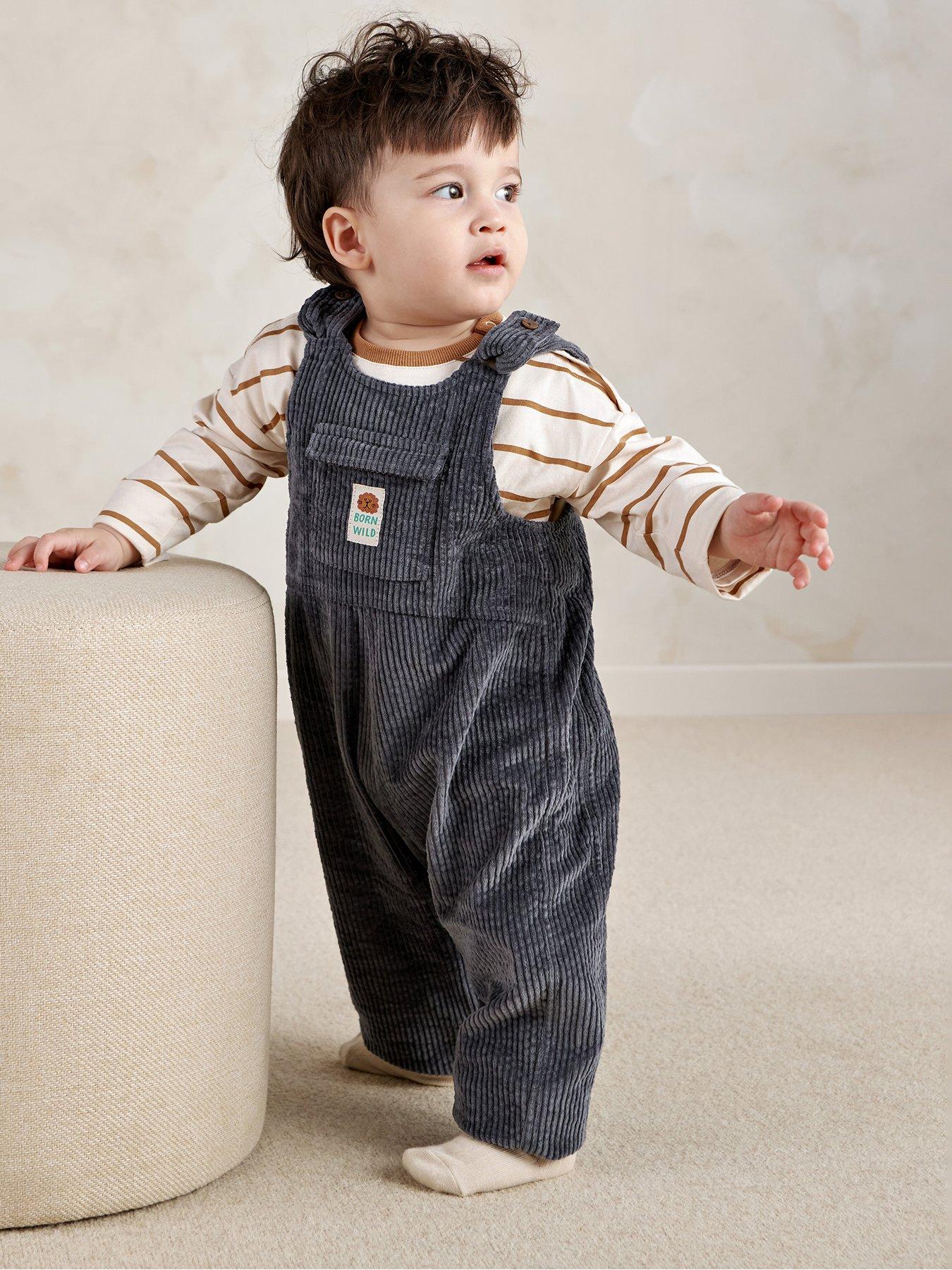 Image 1 of 5 of Mamas & Papas Baby Boys 2 Piece Cord Dungarees &amp; Long Sleeve Top Set - Blue