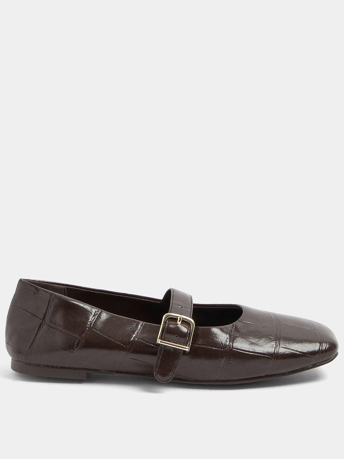 Yours Curve Wide Fit Croc Buckle Detail Mary Jane Flat Shoes - Brown