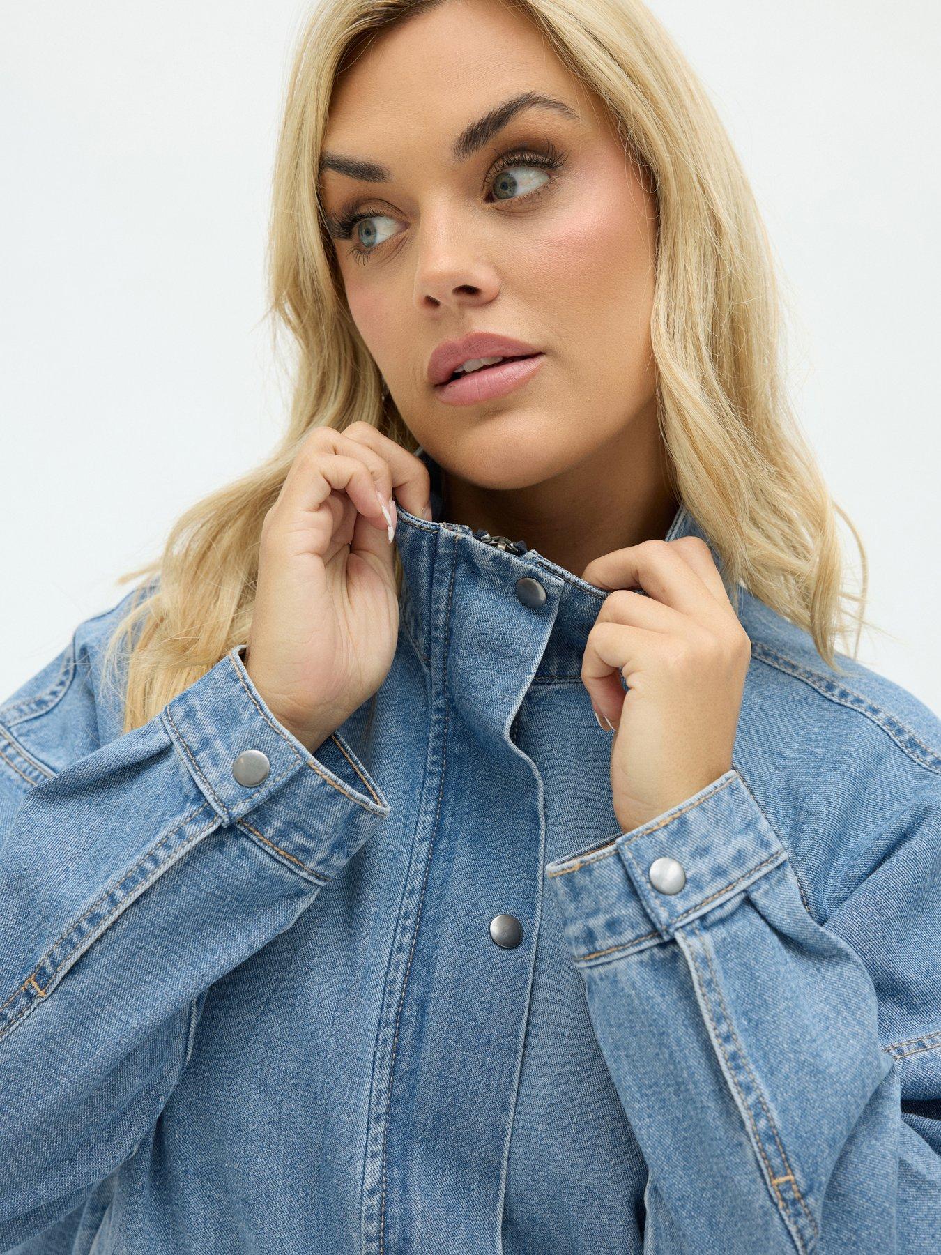 Image 1 of 4 of Yours Womens Curve Funnel Neck Denim Bomber Jacket - Blue