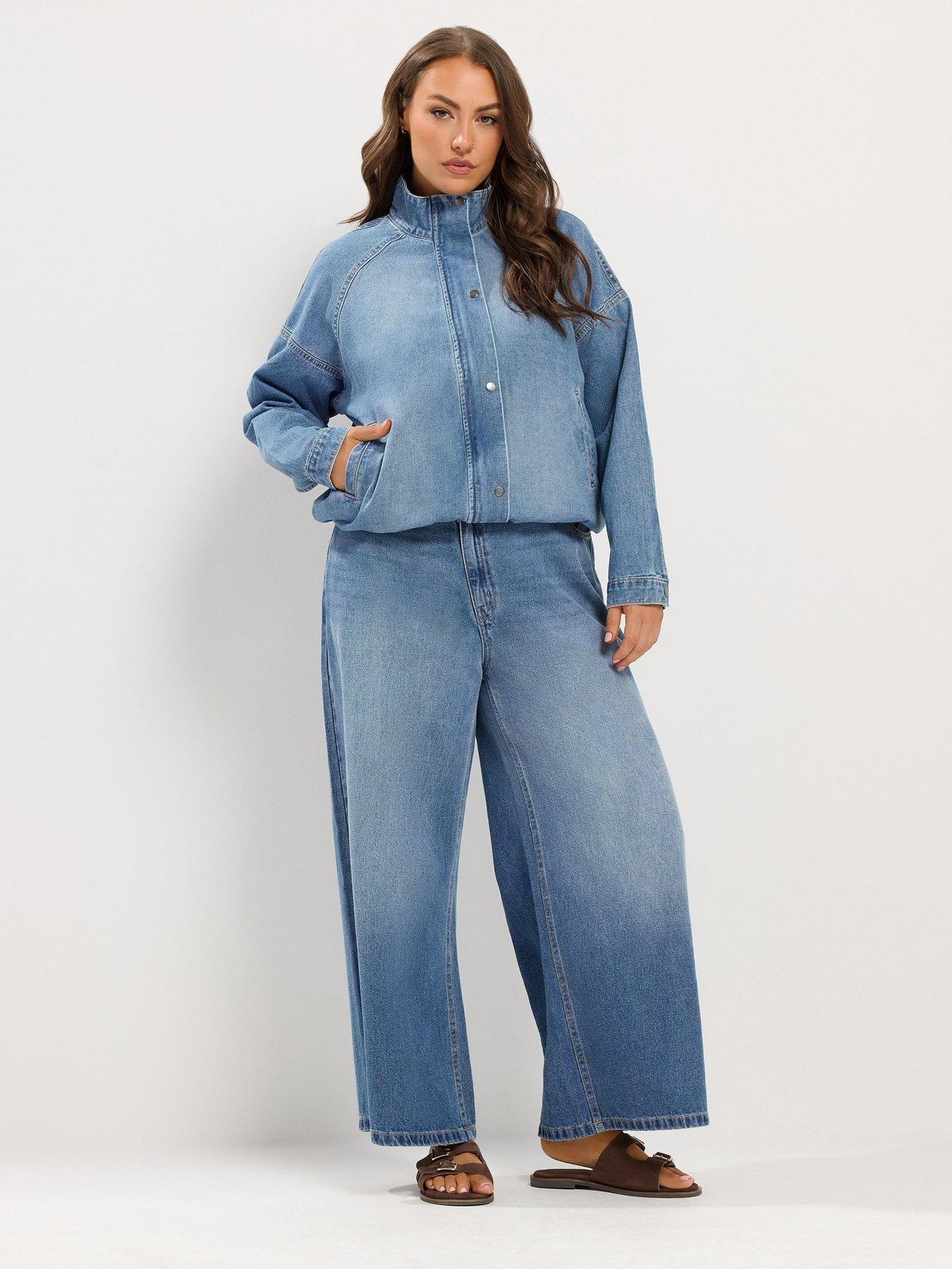Image 3 of 4 of Yours Womens Curve Funnel Neck Denim Bomber Jacket - Blue