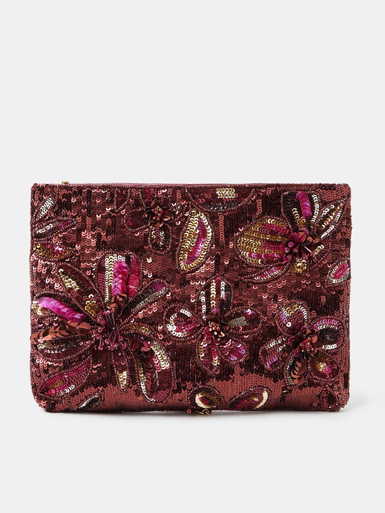 Image 1 of 5 of Accessorize Womens Floral Sequin Zip Clutch Bag - Red