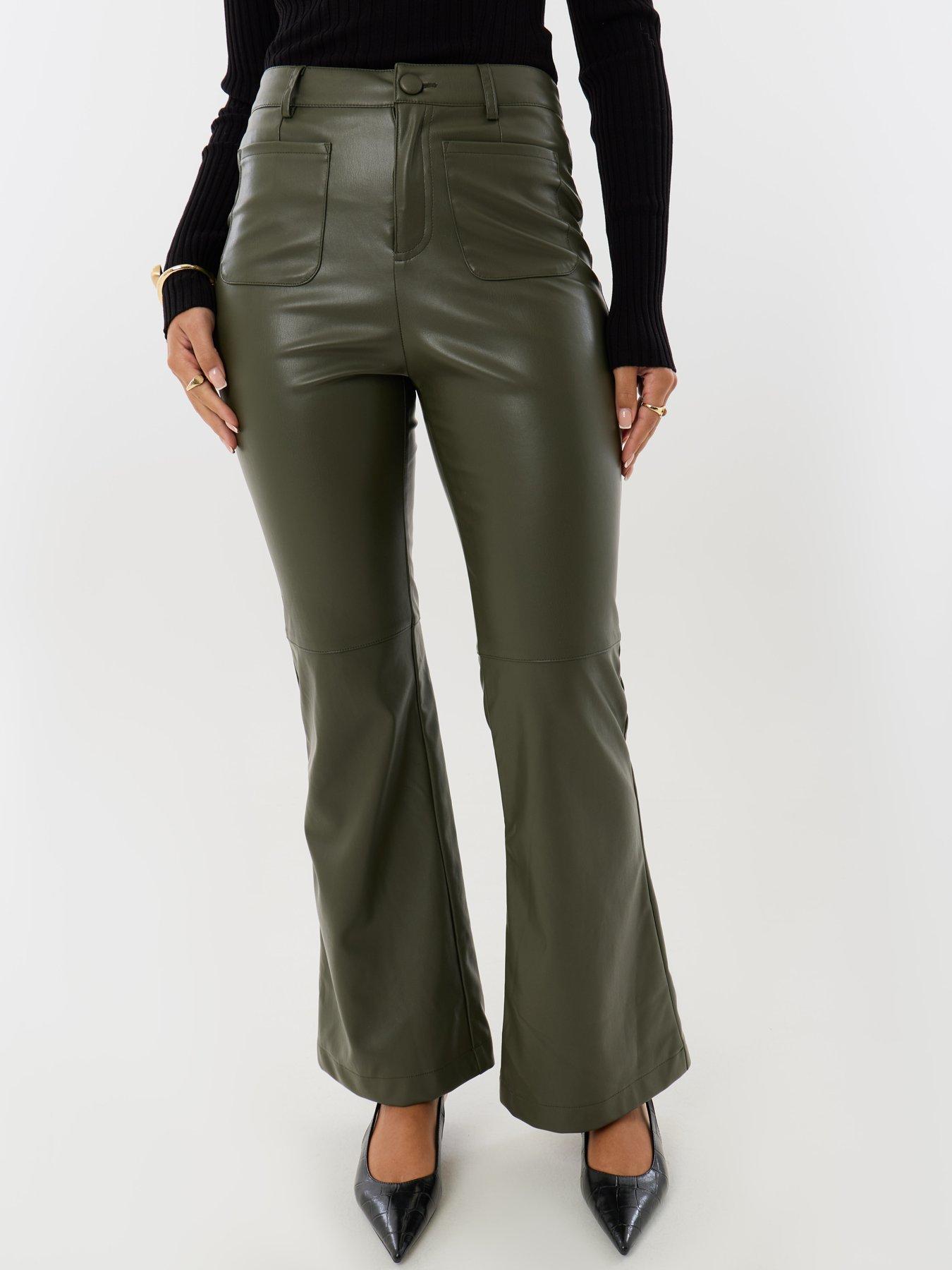 Image 2 of 5 of Threadbare Faux Leather Flared Trousers In Khaki