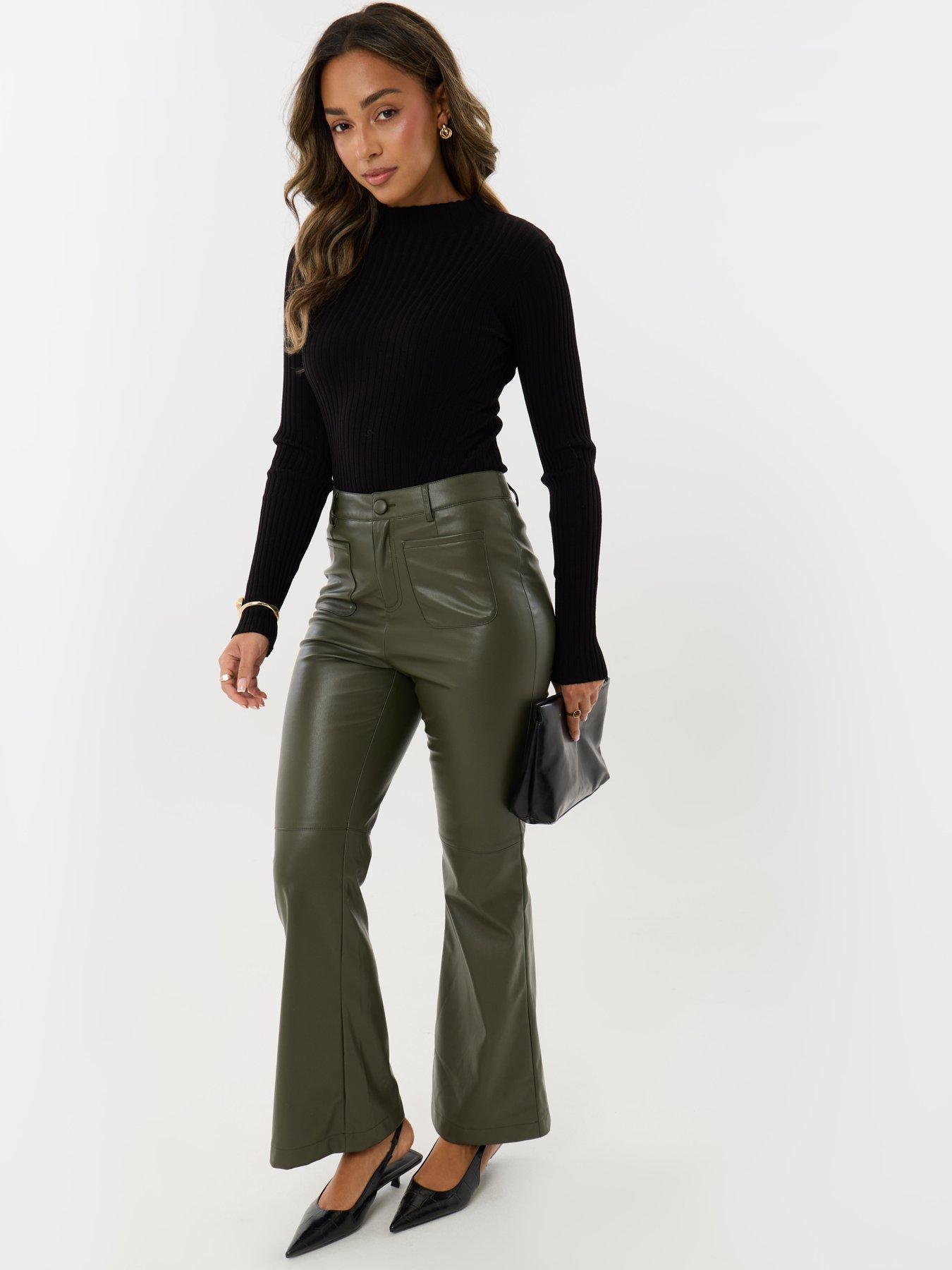 Image 5 of 5 of Threadbare Faux Leather Flared Trousers In Khaki