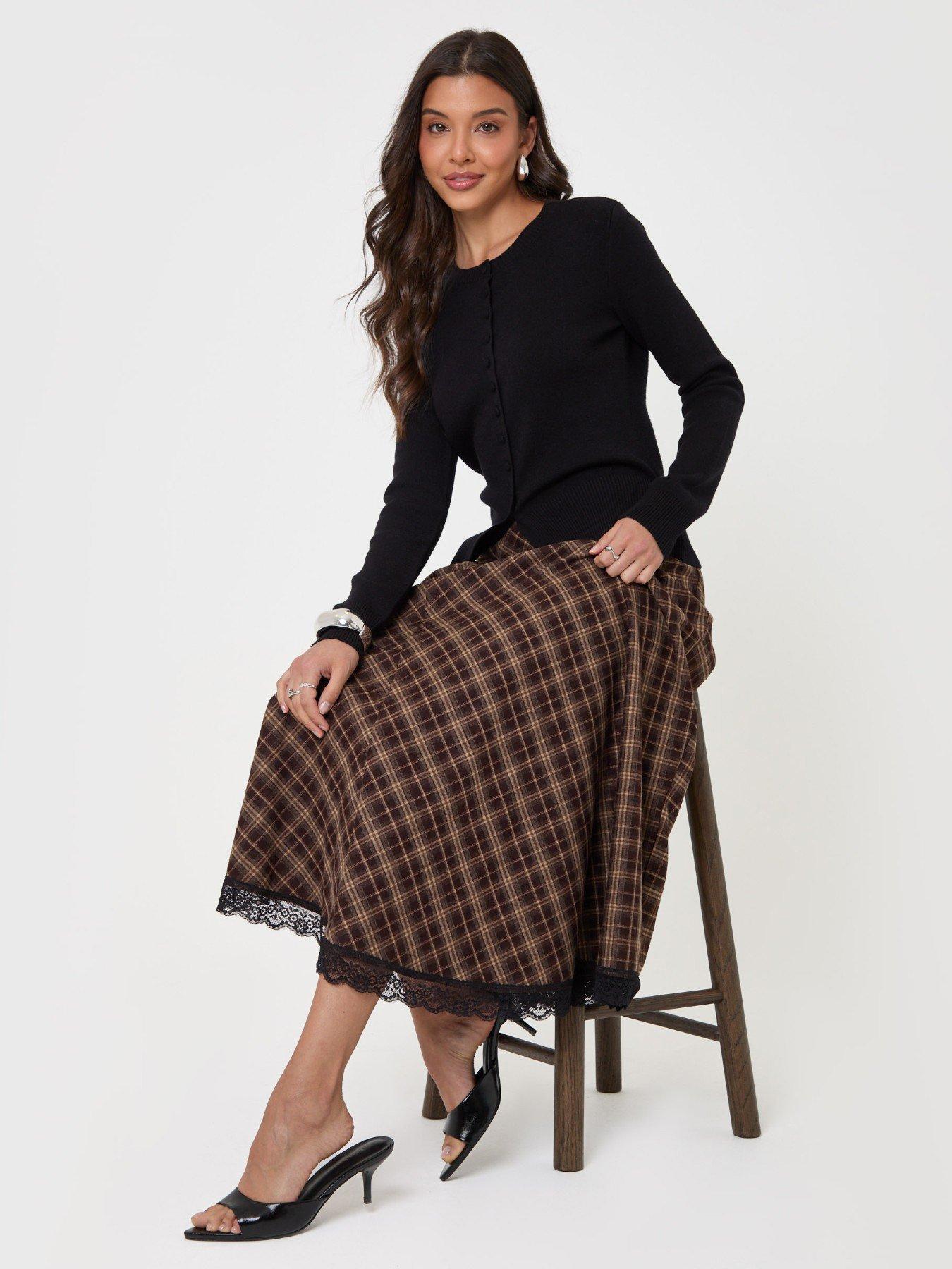 Image 1 of 5 of Threadbare Asymmetric Lace Trim Midaxi Skirt In Chocolate Brown Check