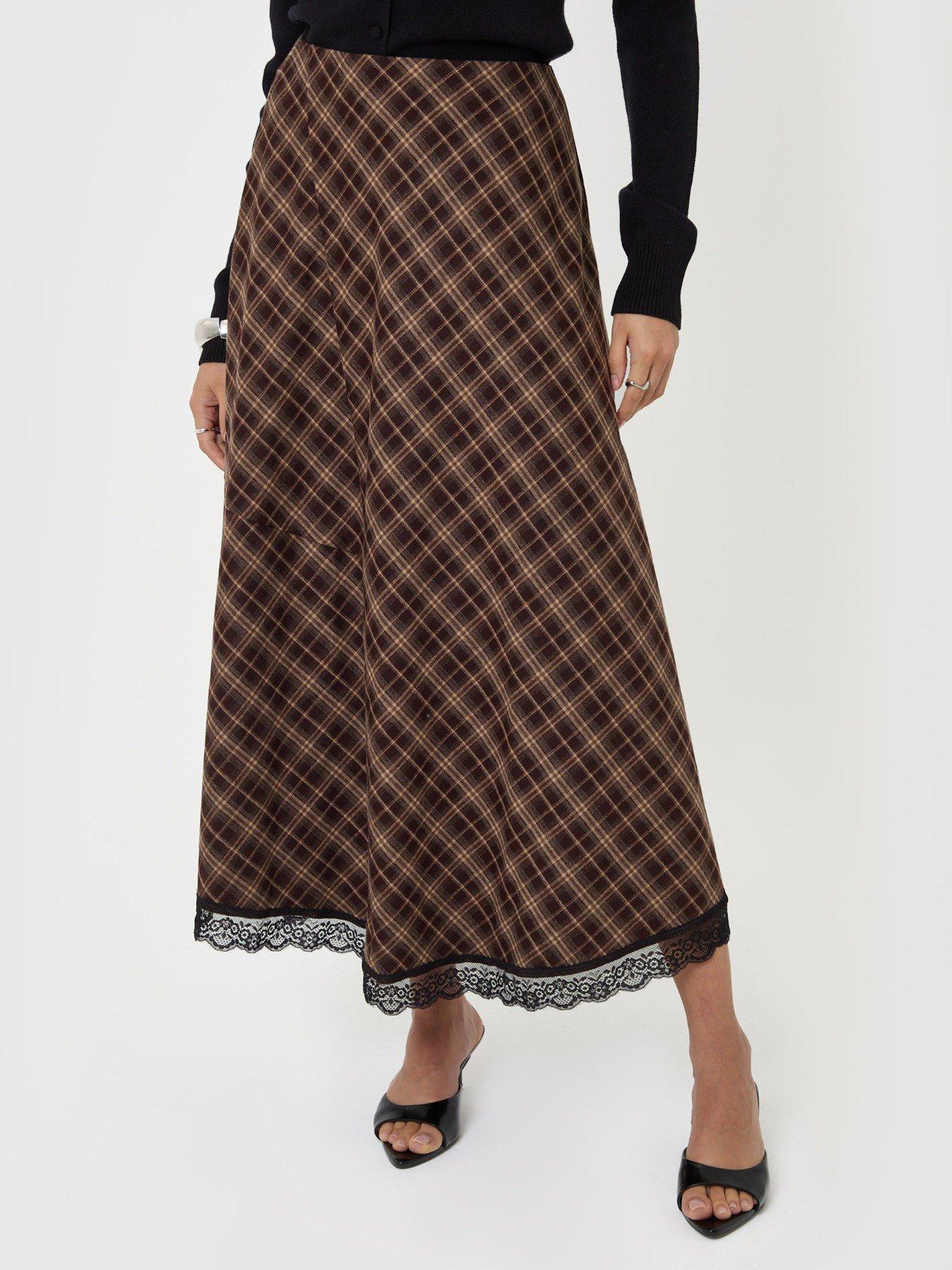 Image 2 of 5 of Threadbare Asymmetric Lace Trim Midaxi Skirt In Chocolate Brown Check