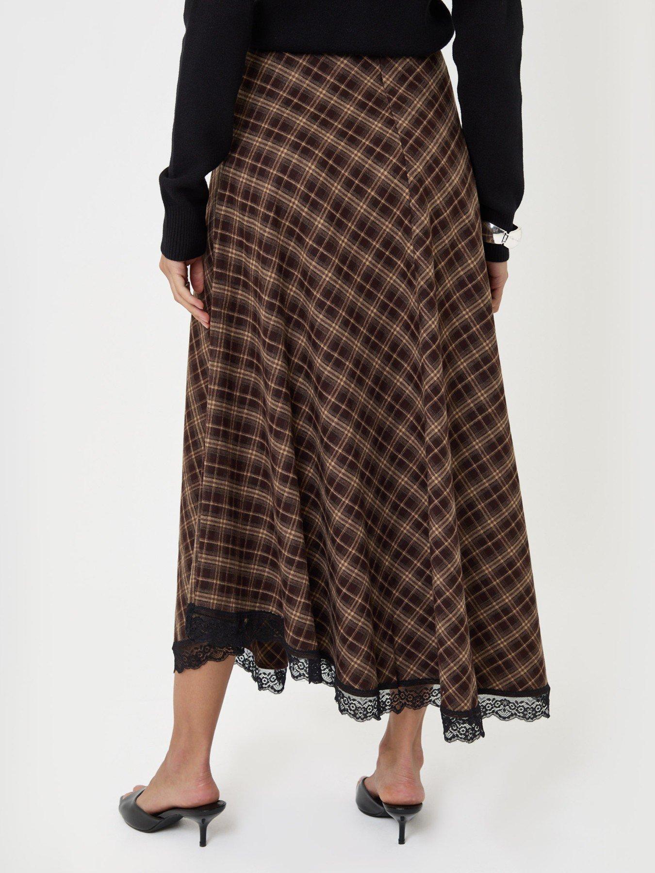 Image 3 of 5 of Threadbare Asymmetric Lace Trim Midaxi Skirt In Chocolate Brown Check