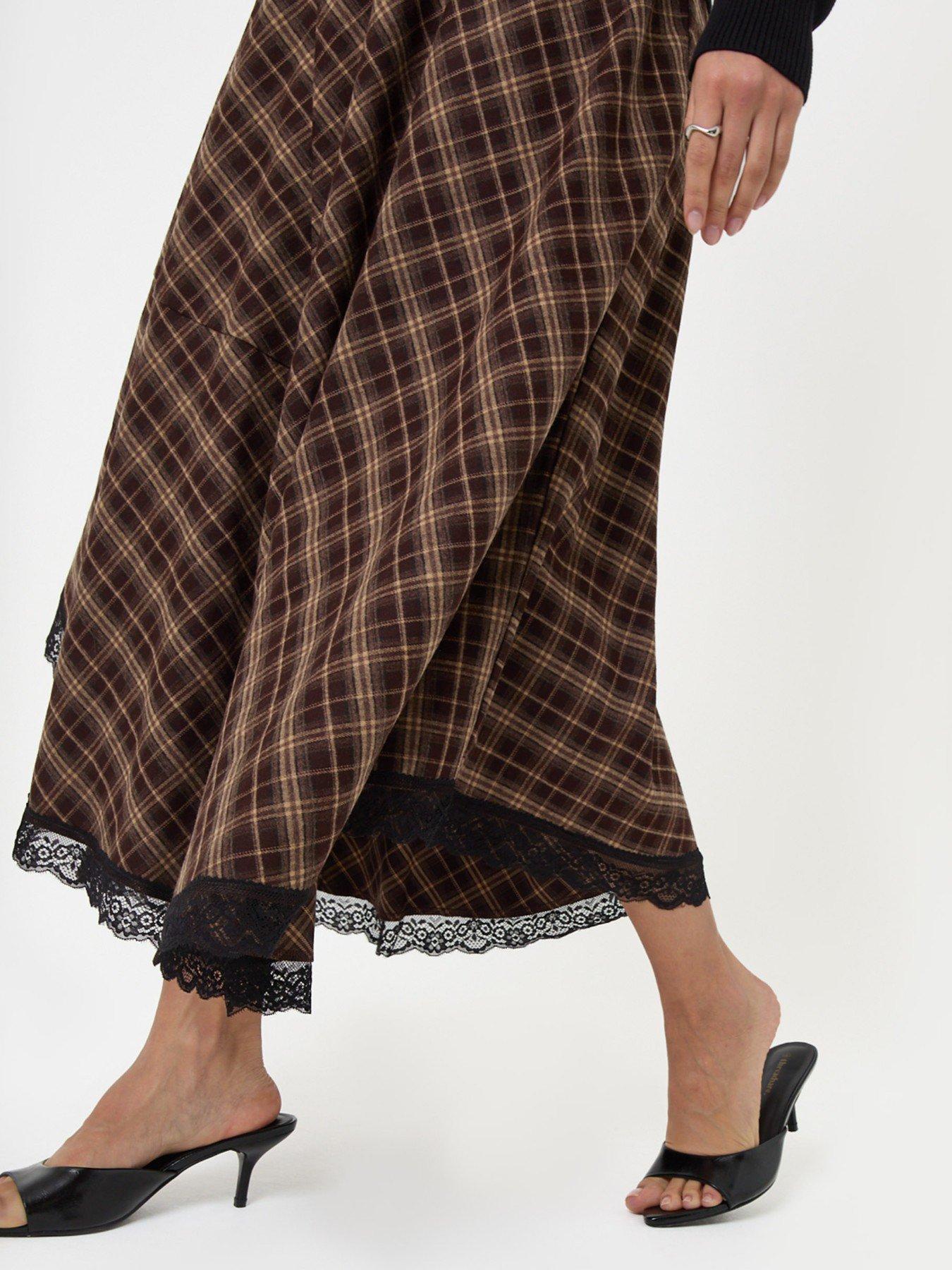 Image 4 of 5 of Threadbare Asymmetric Lace Trim Midaxi Skirt In Chocolate Brown Check