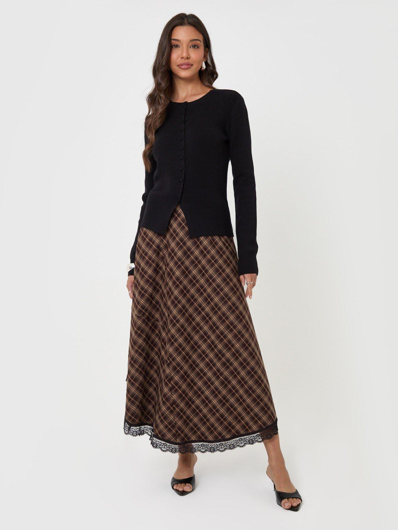 Image 5 of 5 of Threadbare Asymmetric Lace Trim Midaxi Skirt In Chocolate Brown Check