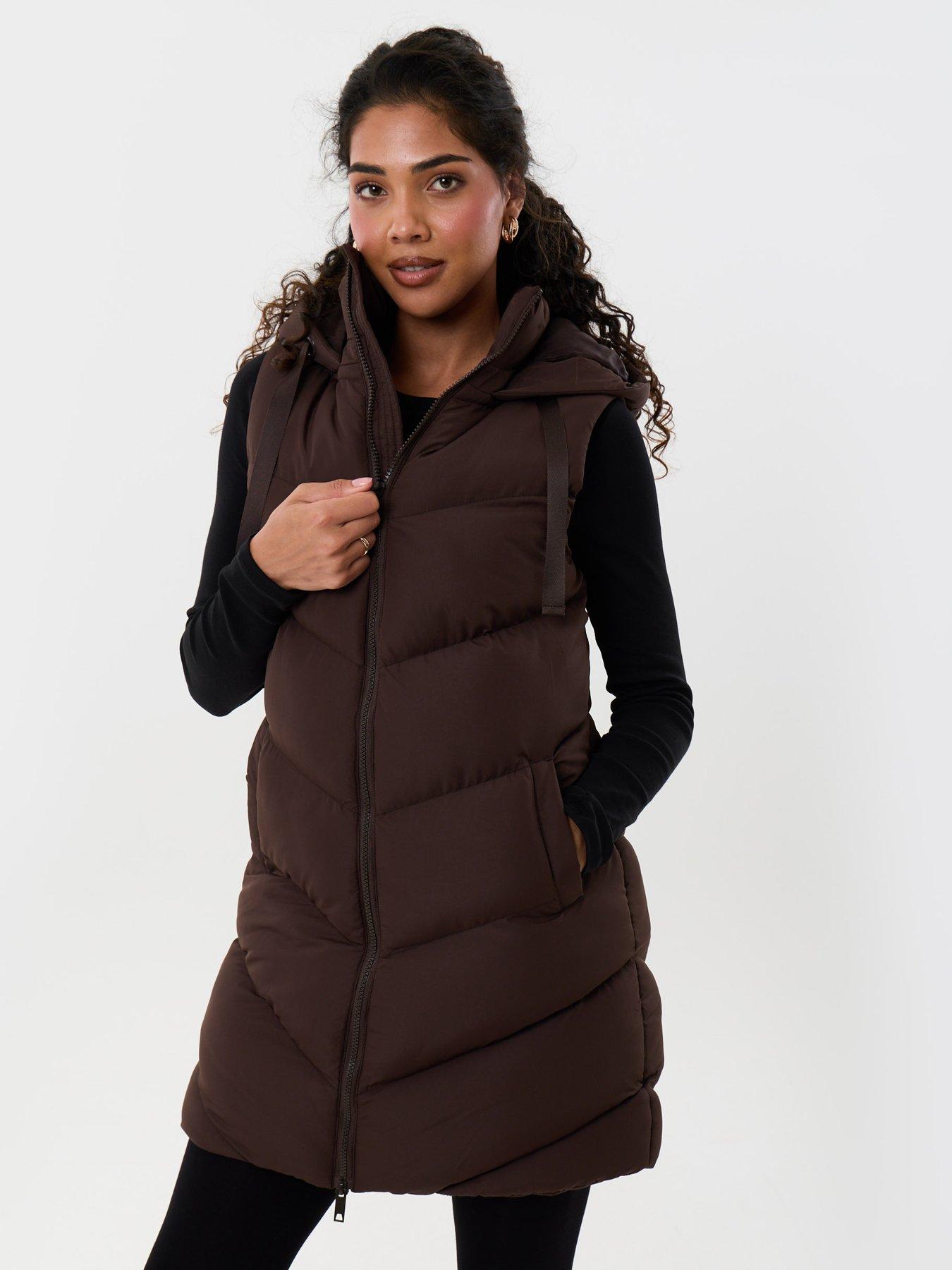 Image 1 of 4 of Threadbare Womens Longline Padded Hooded Gilet - Chocolate Brown