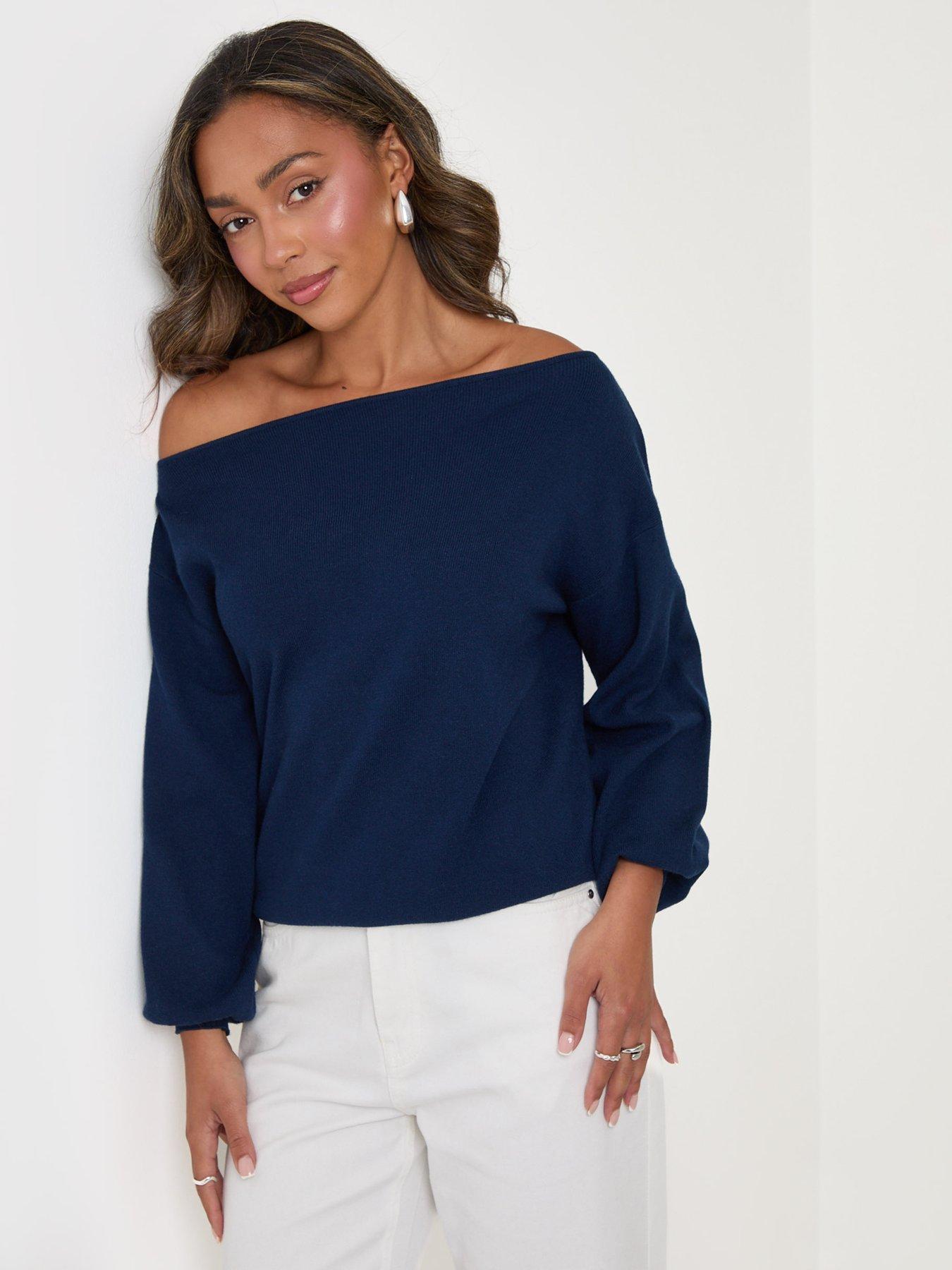 Image 1 of 4 of Threadbare Womens Slash Neck Soft-Touch Relaxed Jumper - Blue