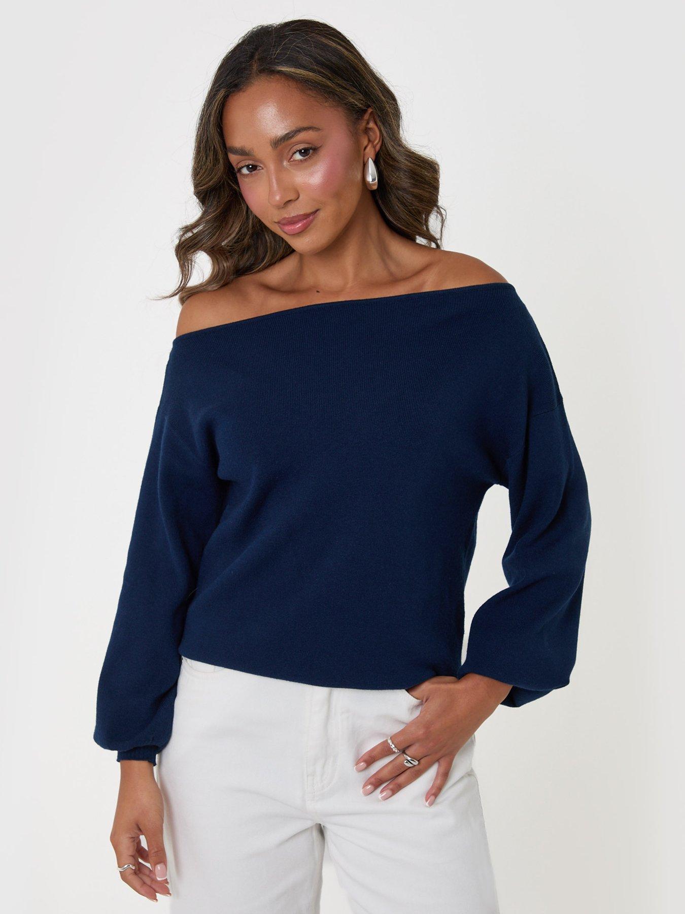 Image 3 of 4 of Threadbare Womens Slash Neck Soft-Touch Relaxed Jumper - Blue